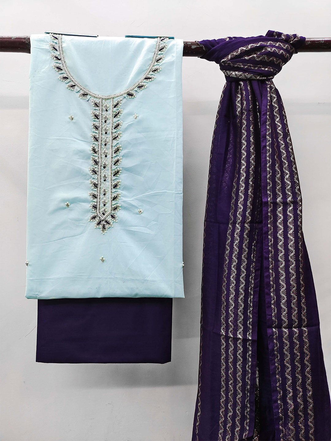 

KALINI Ethnic Motifs Embellished Beads and Stones Unstitched Dress Material, Blue