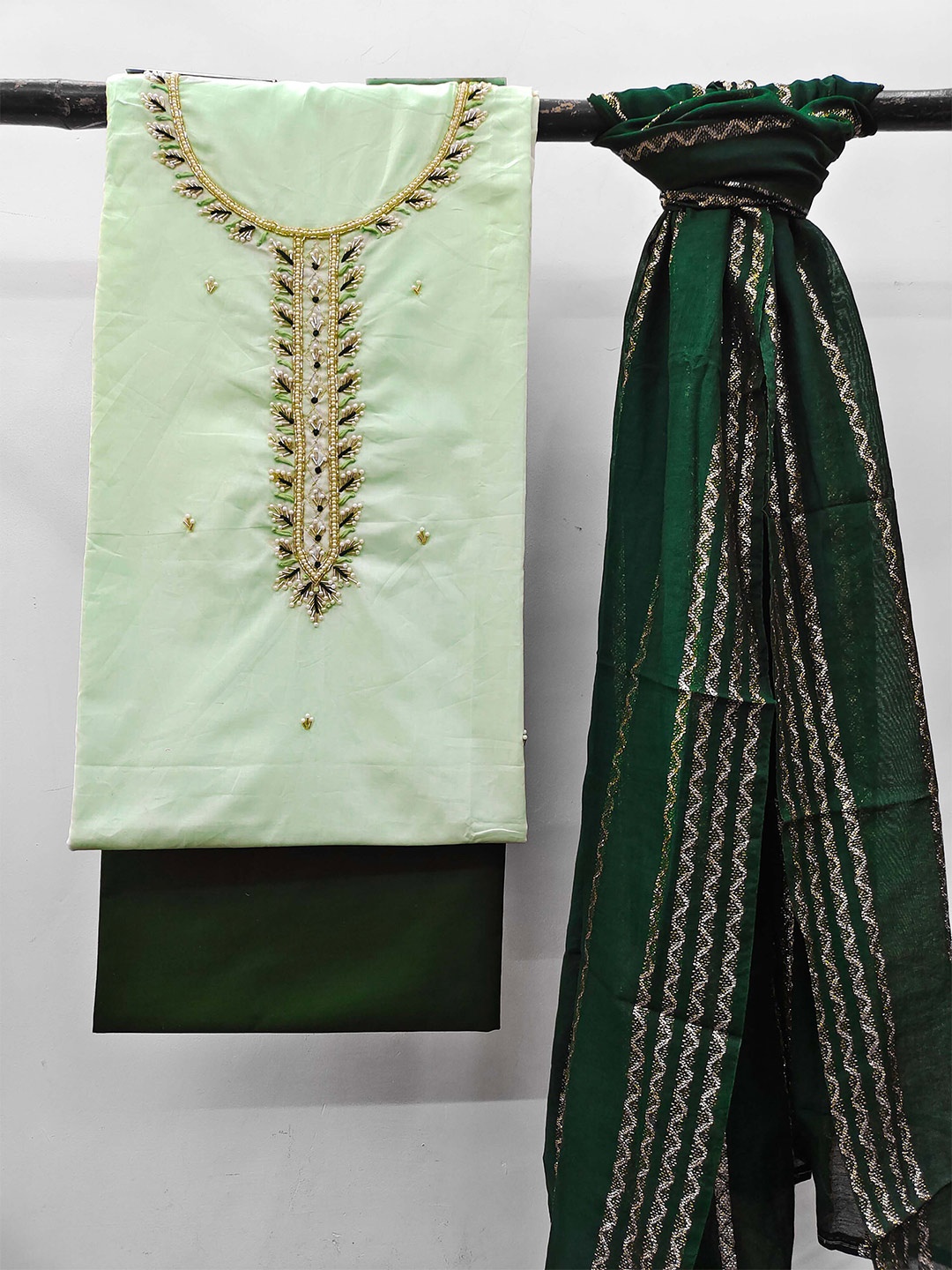 

KALINI Ethnic Motifs Embellished Beads and Stones Unstitched Dress Material, Green