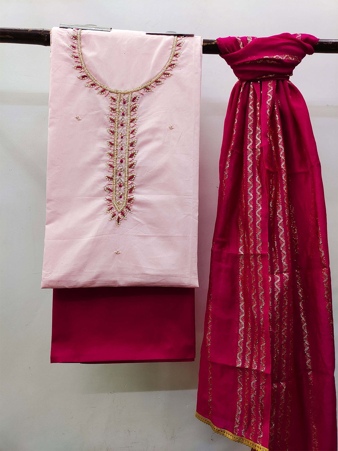 

KALINI Ethnic Motifs Embellished Unstitched Dress Material, Pink