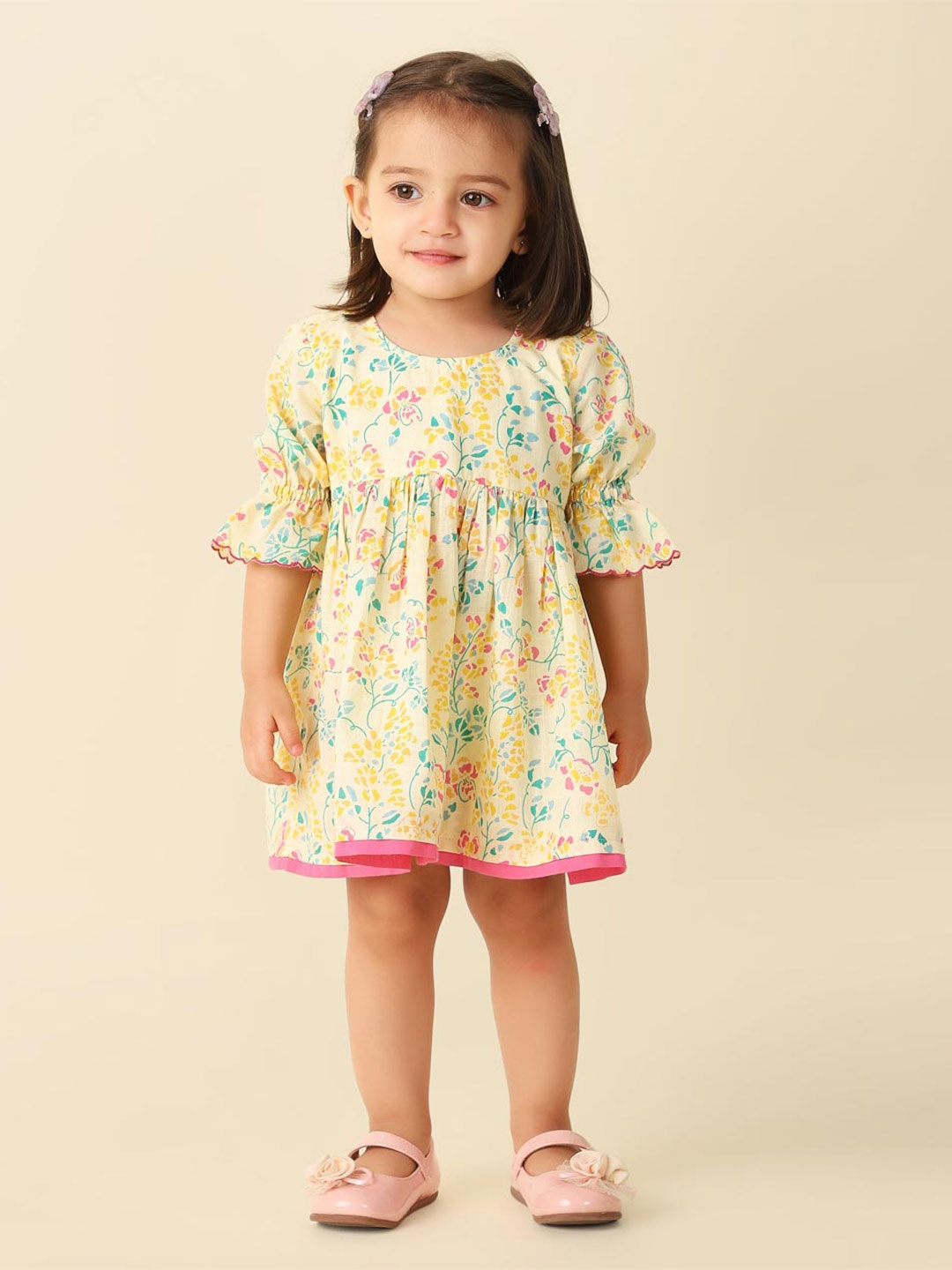 

Fabindia Floral Print Bell Sleeve Fit & Flare Pleated Dress, Yellow
