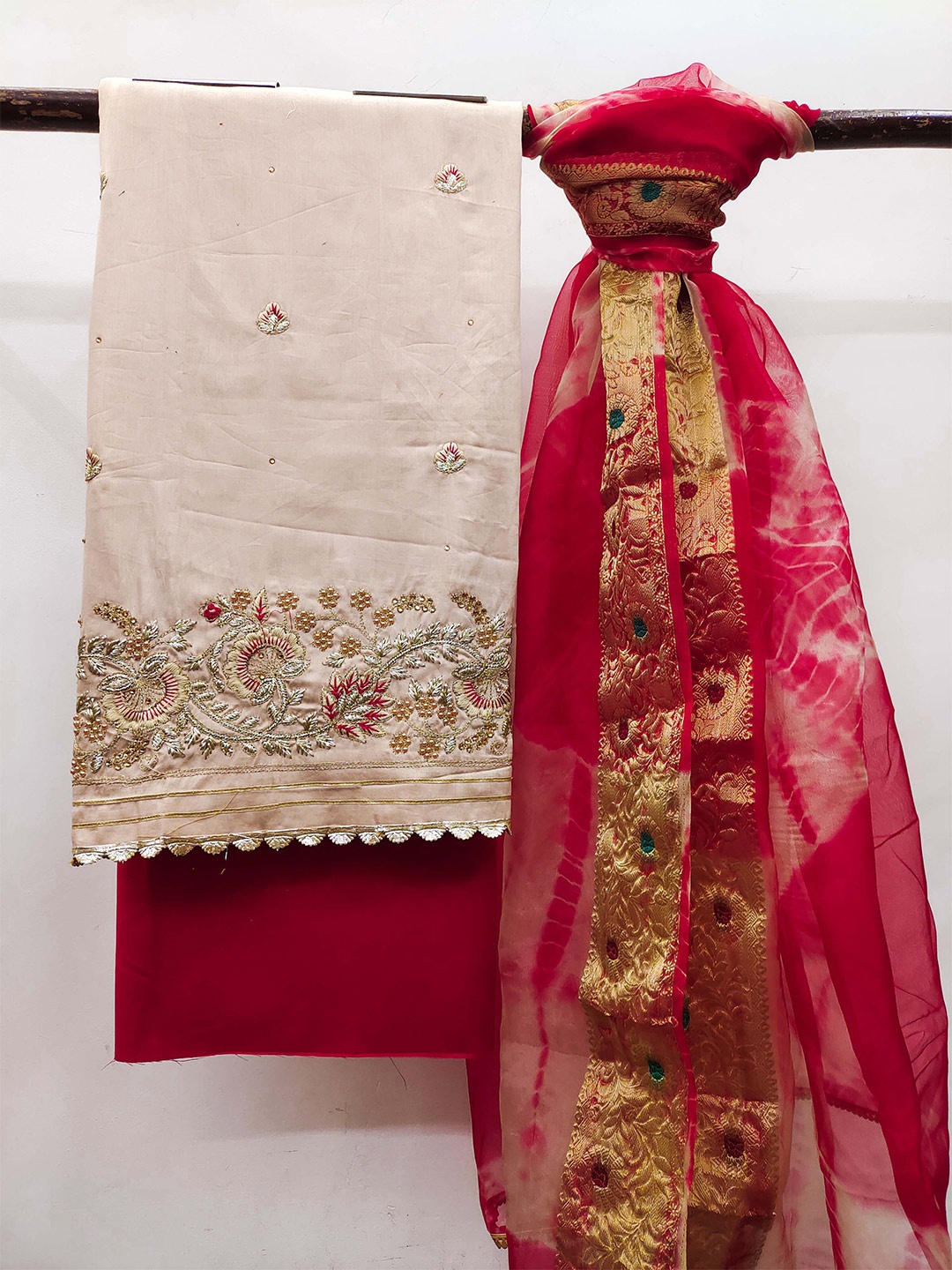 

KALINI Embroidered Unstitched Dress Material, Beige