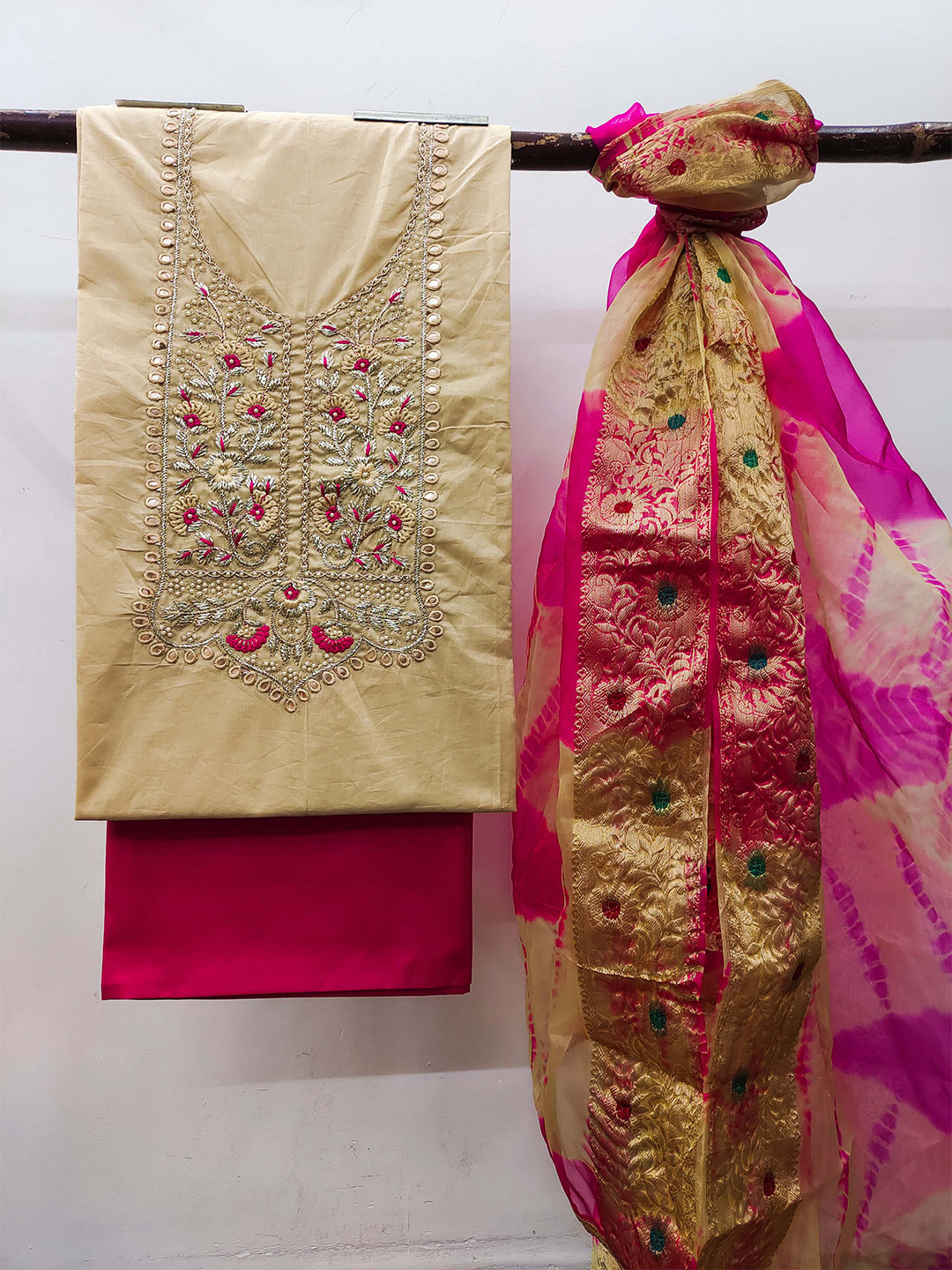 

KALINI Embroidered Unstitched Dress Material, Beige