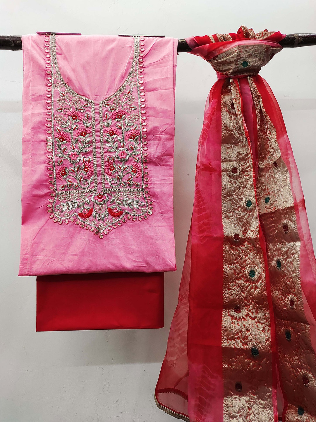

KALINI Embroidered Unstitched Dress Material, Pink