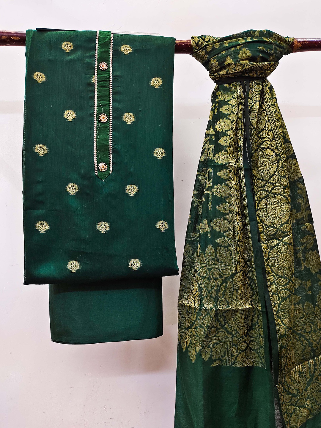 

KALINI Floral Woven Design Zari Detail Unstitched Dress Material, Green