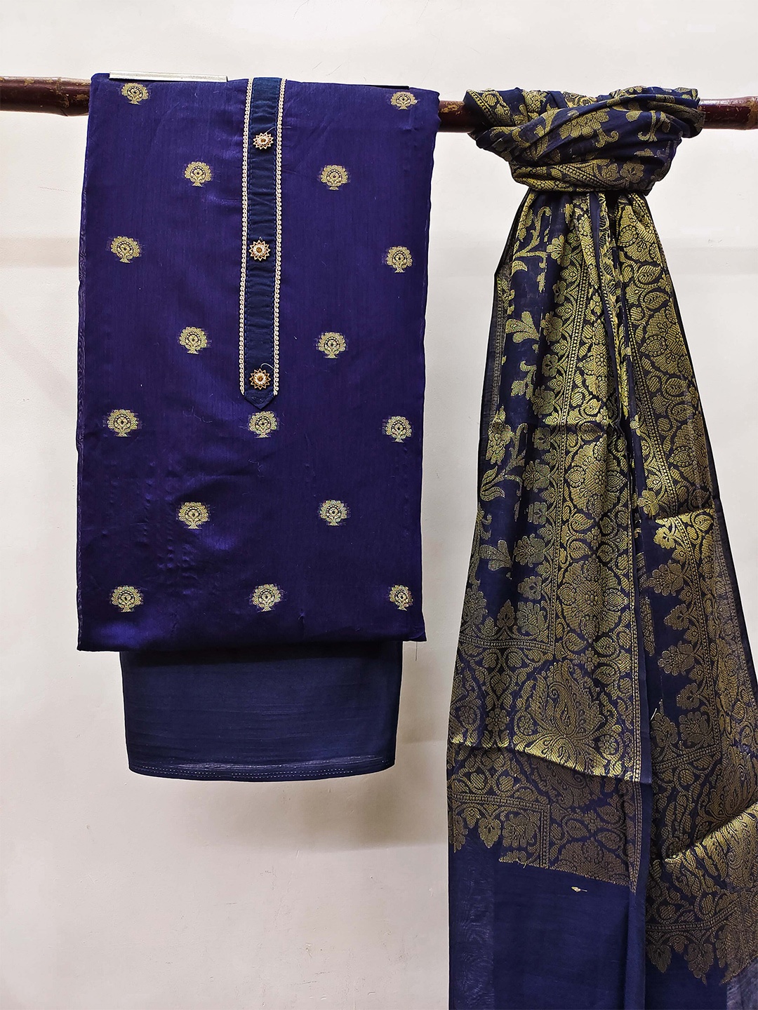 

KALINI Ethnic Motifs Woven Design Unstitched Dress Material, Navy blue