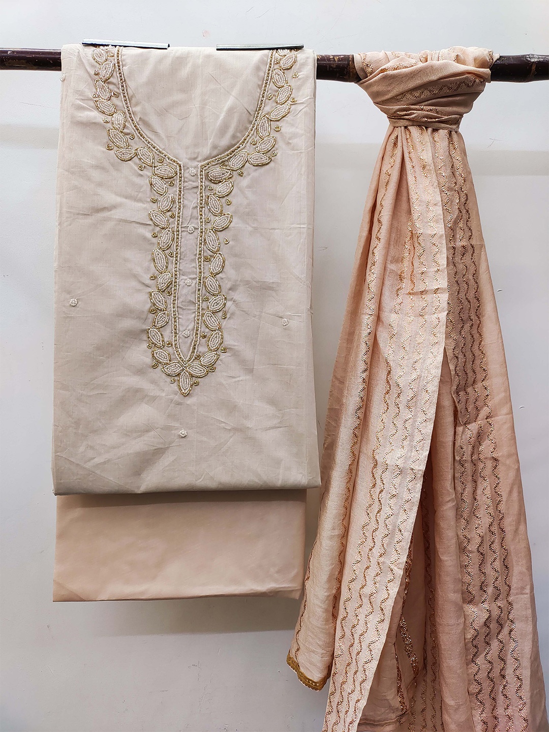 

KALINI Ethnic Motif Embellished Beads And Stones Unstitched Dress Material, Beige