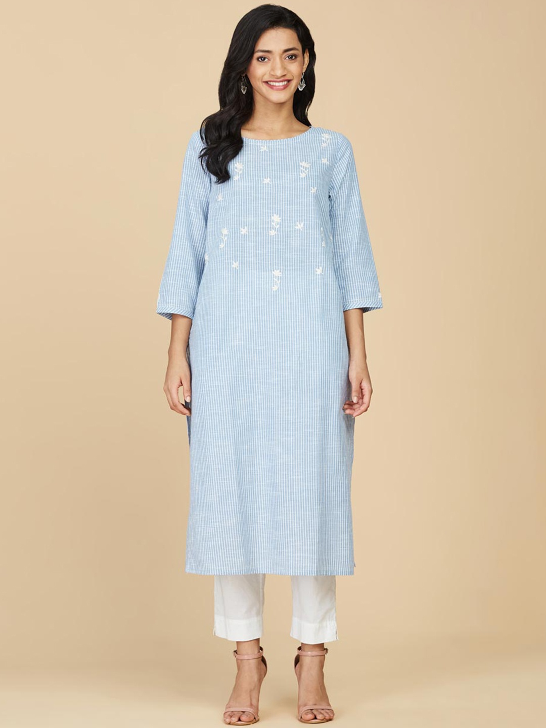 

Fabindia Striped Round Neck Cotton Regular Kurta, Blue