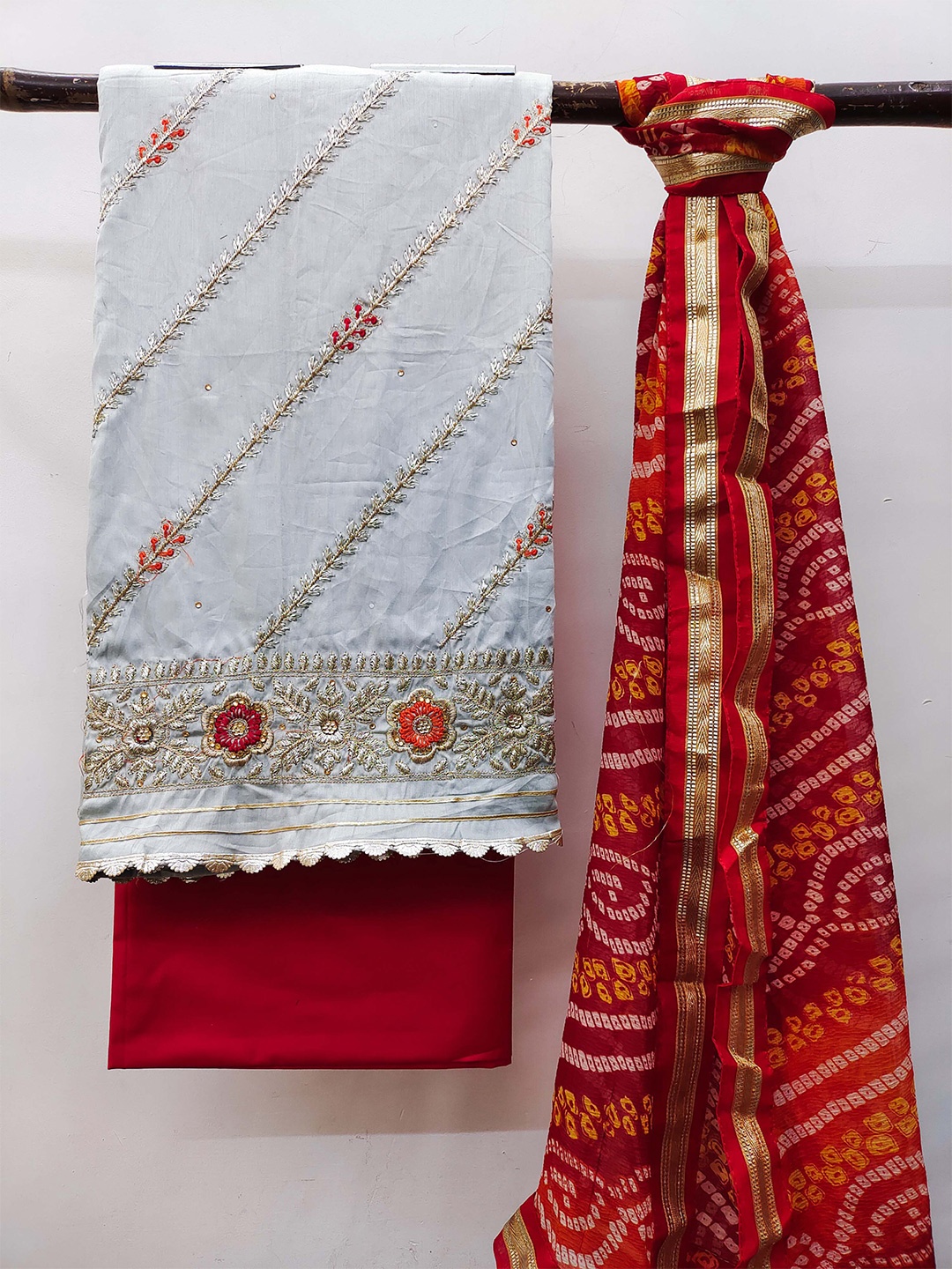 

KALINI Ethnic Motif Embroidered Zari Detail Unstitched Dress Material, Grey