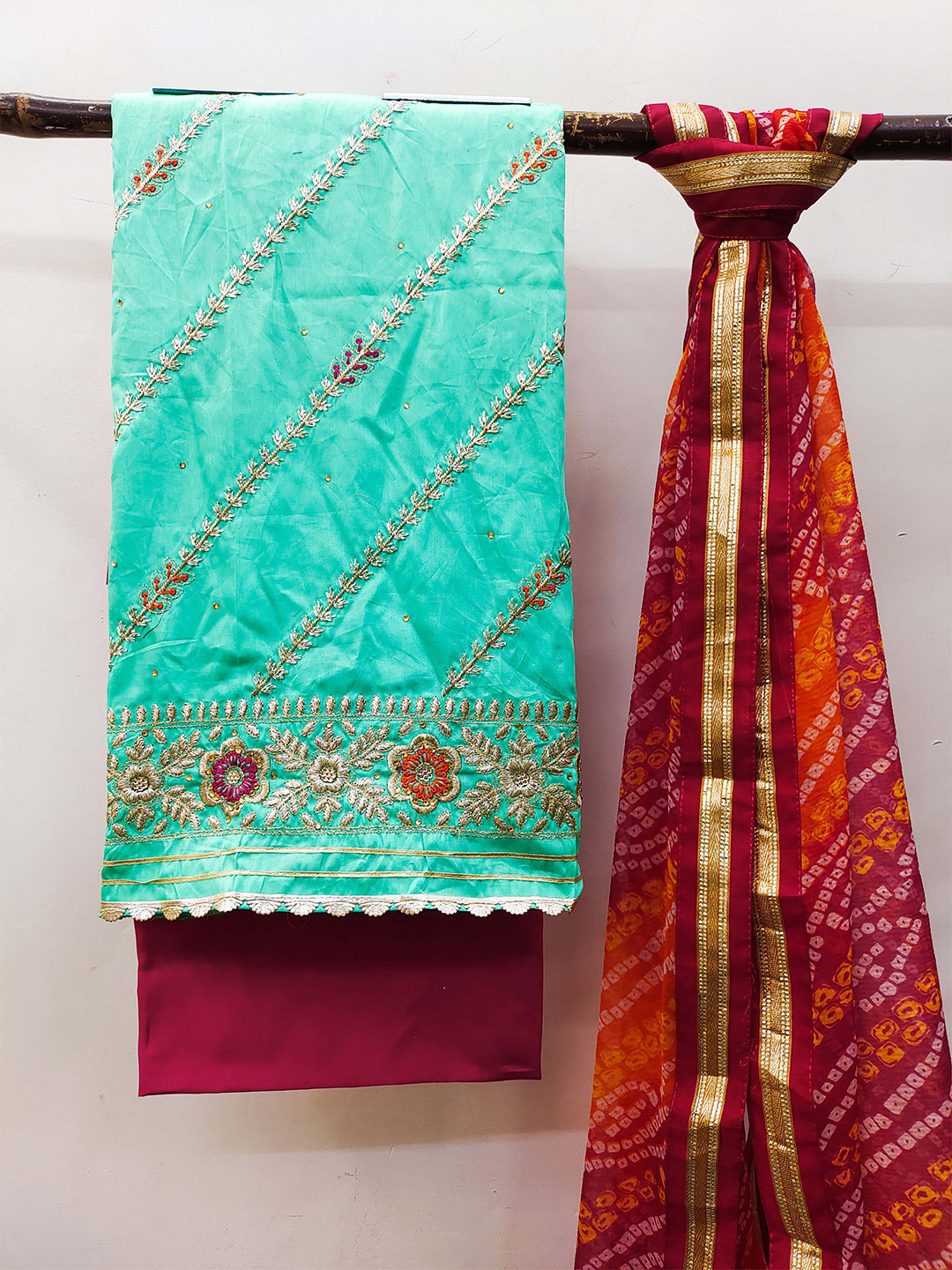 

KALINI Ethnic Motif Embroidered Zari Detail Unstitched Dress Material, Sea green