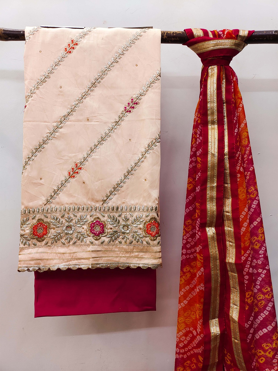 

KALINI Ethnic Motif Embroidered Zari Detail Unstitched Dress Material, Peach