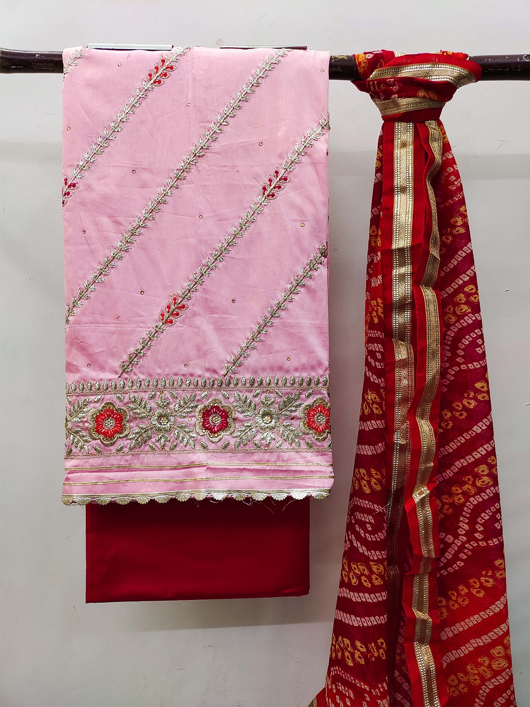 

KALINI Ethnic Motif Embroidered Zari Detail Unstitched Dress Material, Pink