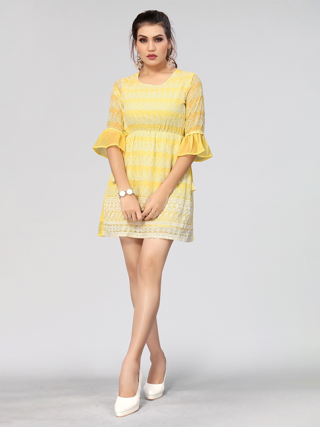 

Winza Designer Ethnic Motifs Embroidered Bell Sleeves Top, Yellow