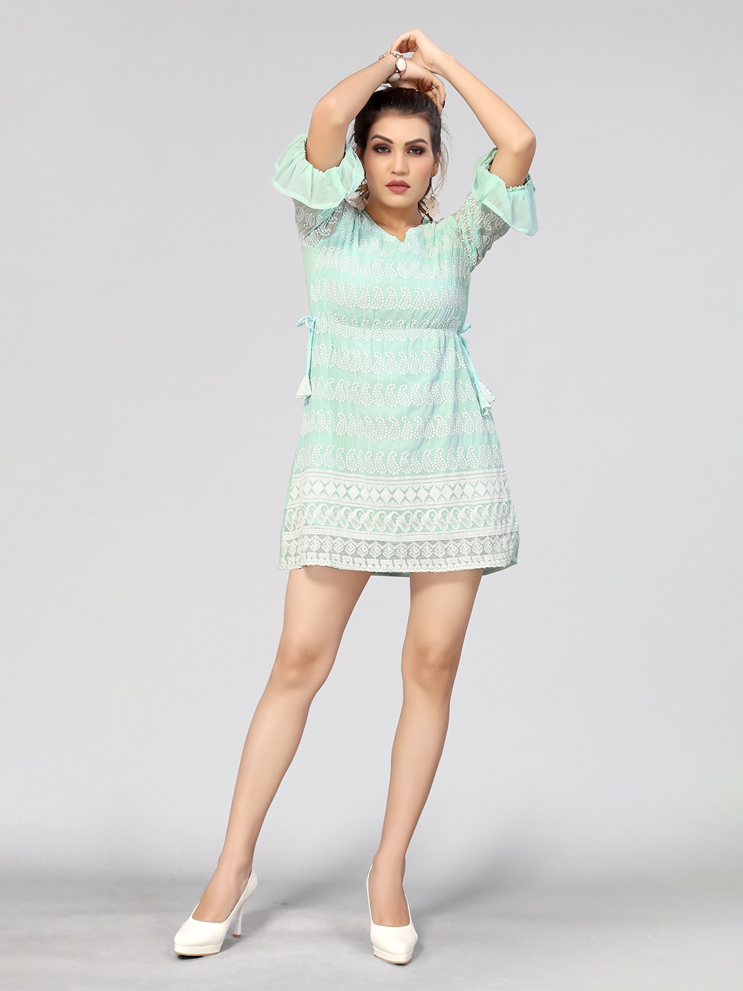 

Winza Designer Ethnic Motifs Embroidered Bell Sleeves Top, Teal