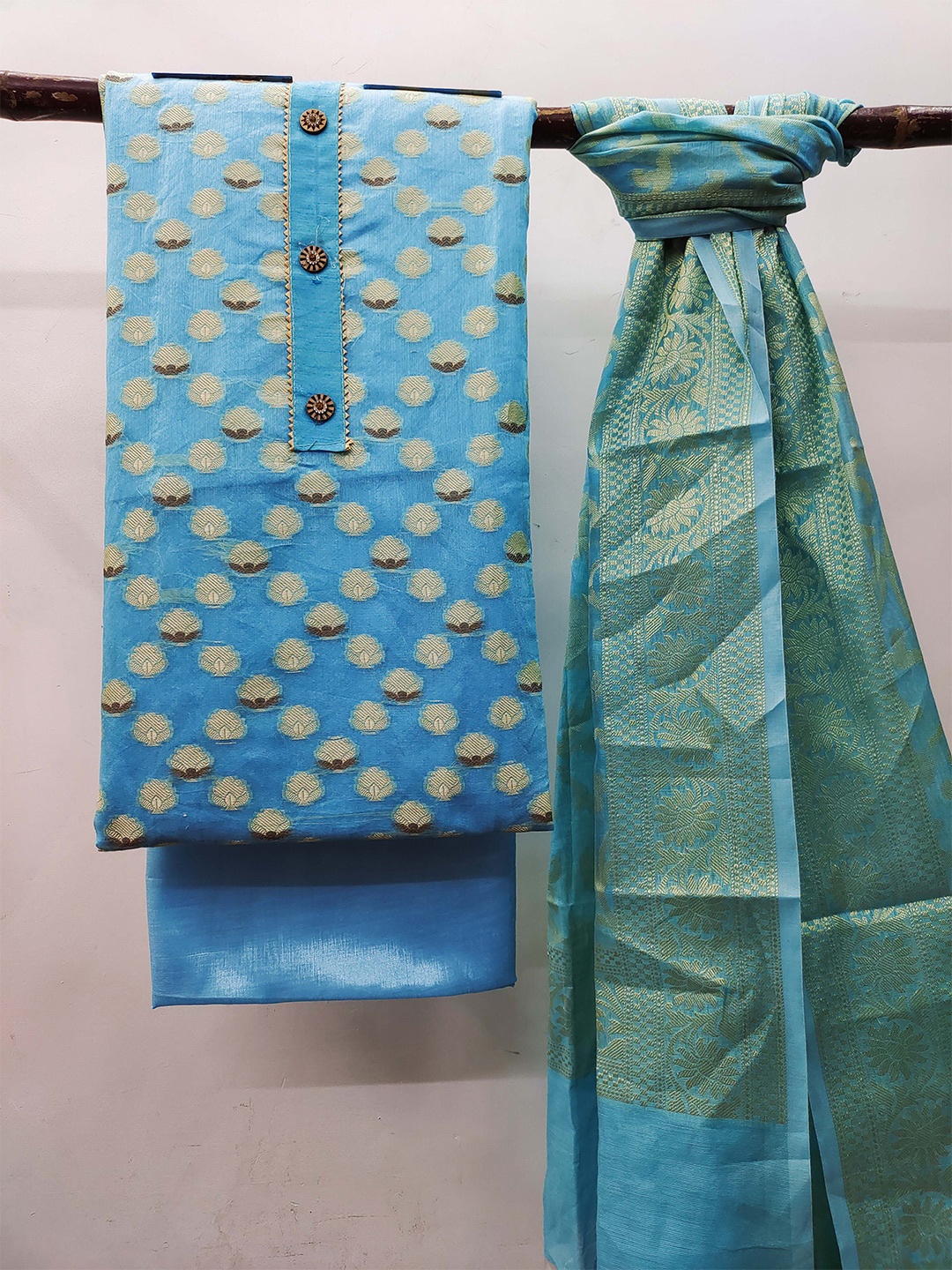 

KALINI Floral Woven Design Zari Detail Unstitched Dress Material, Blue