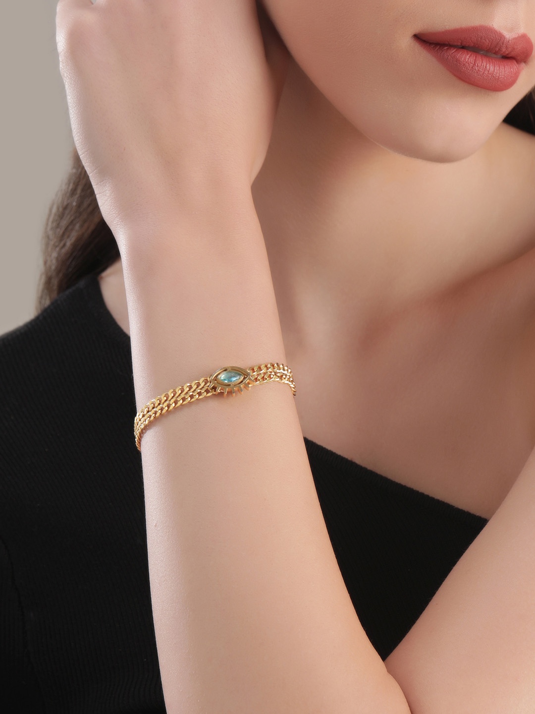

Rubans Voguish 22k Gold Plated Waterproof Link Cuban Chain Evil Eye Tarnish Free Bracelet