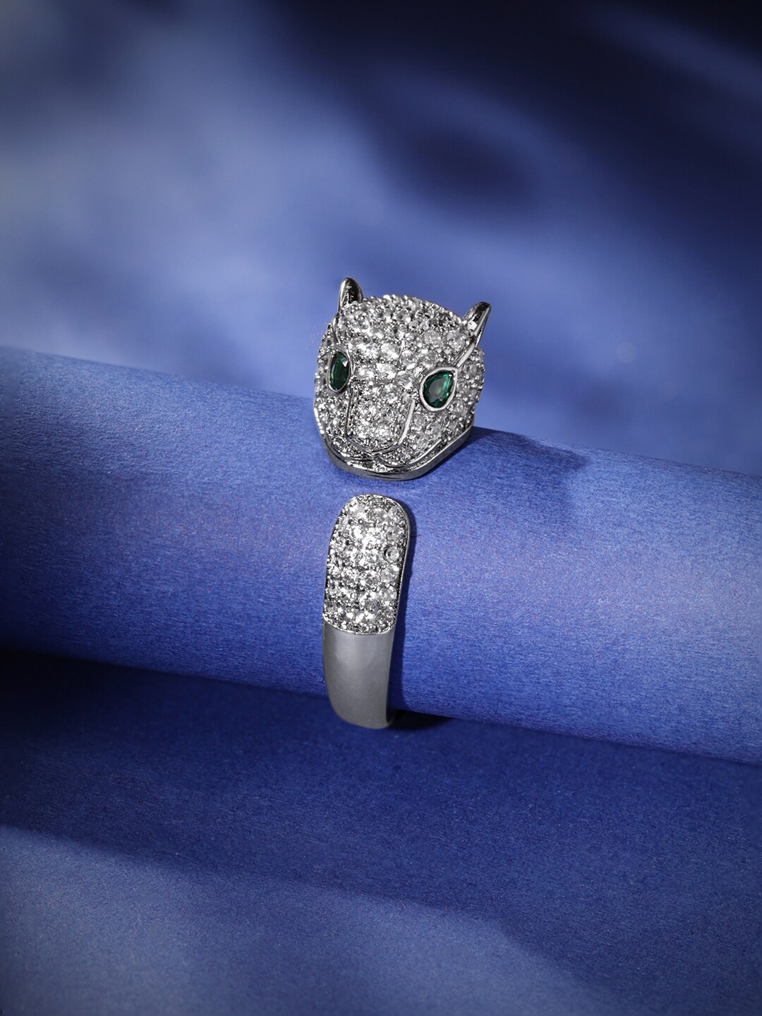 

Rubans Voguish Rhodium plated Zirconia studded Zirconia Studded contemporary Panther Ring, Silver