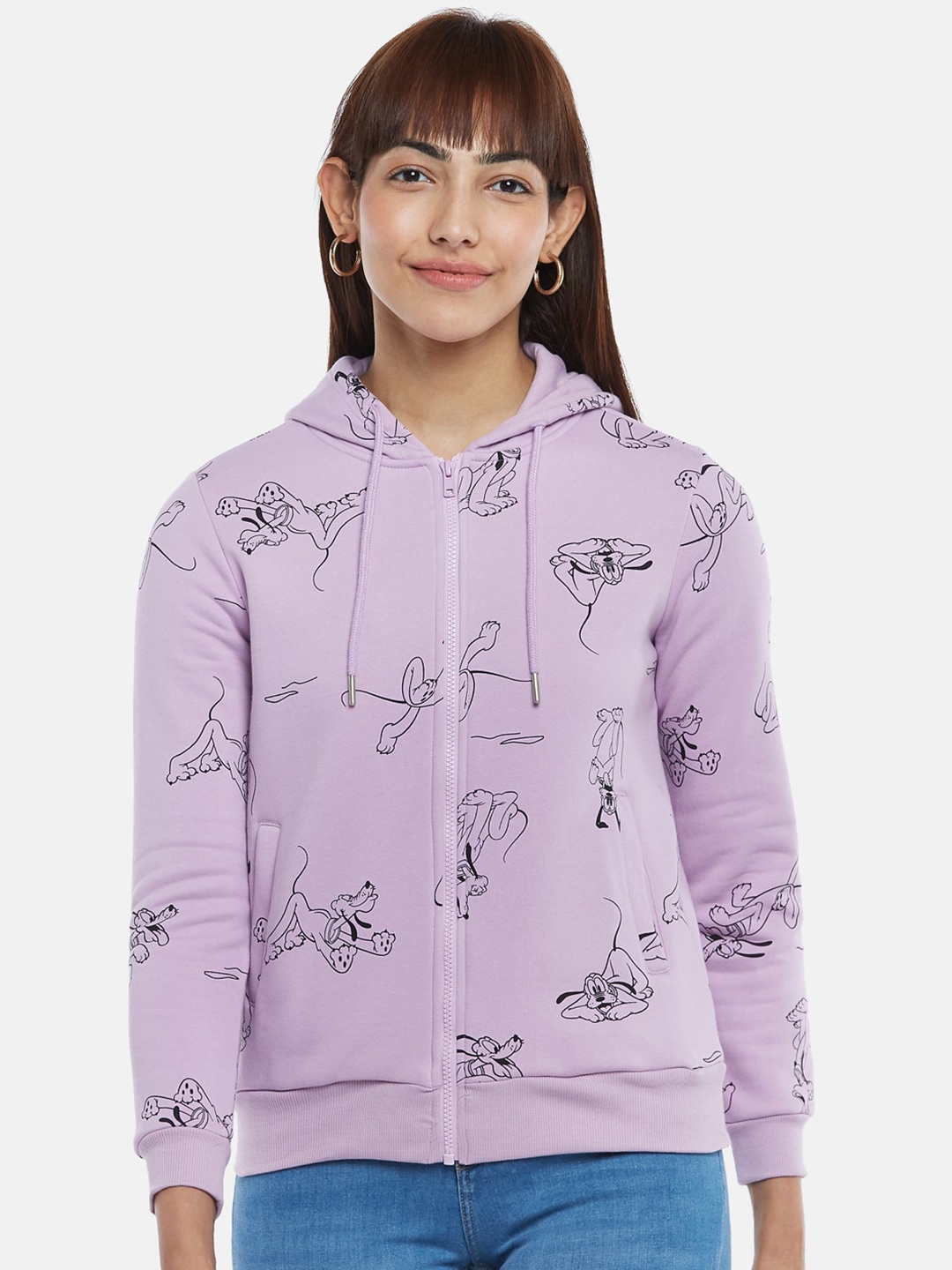 

Honey by Pantaloons Hooded Pluto Printed Front Open Sweatshirt, Lavender