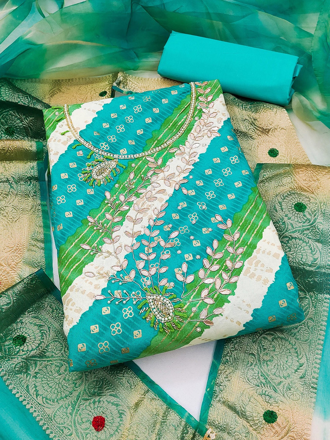 

KALINI Ethnic Printed Embellished Unstitched Dress Material, Sea green