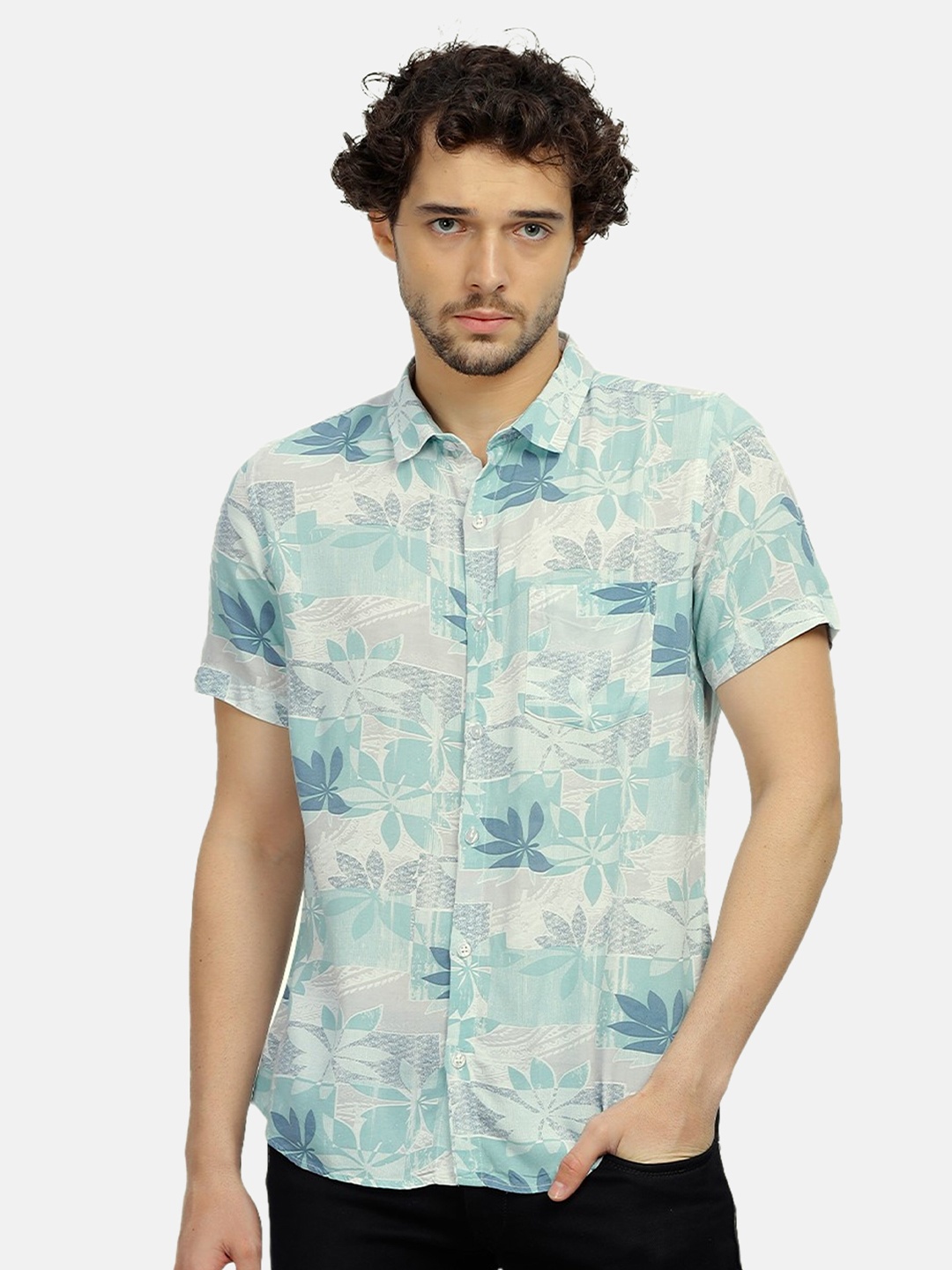 

Tusok Smart Floral Printed Spread Collar Regular Fit Casual Shirt, Teal