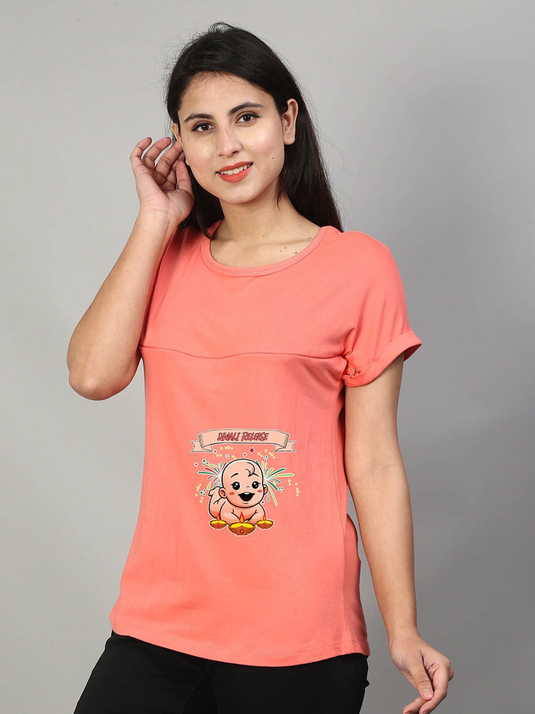 

SillyBoom Graphic Printed Short Sleeves Maternity T-shirt, Orange