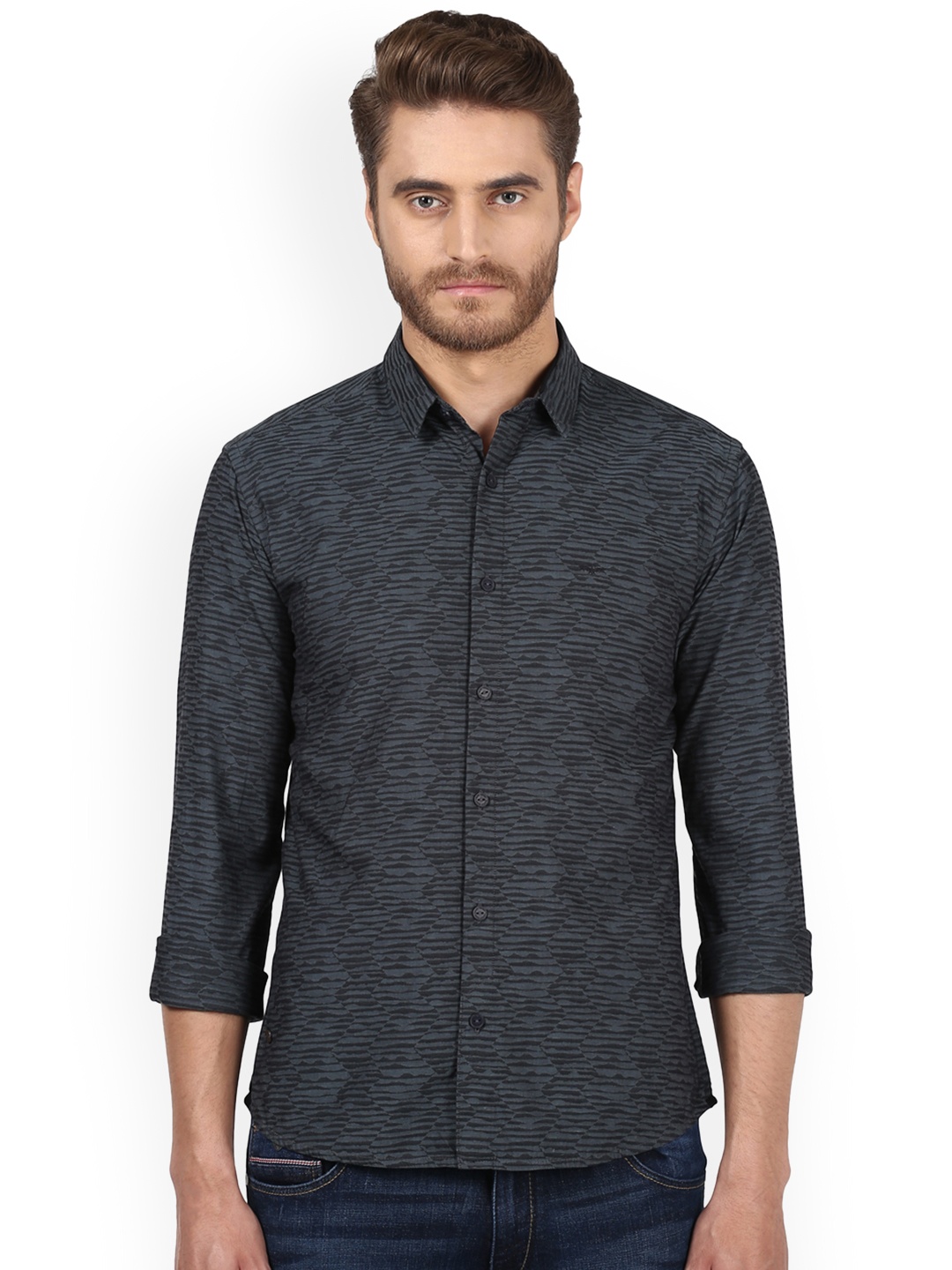 

Park Avenue Men Black & Charcoal Slim Fit Printed Casual Shirt