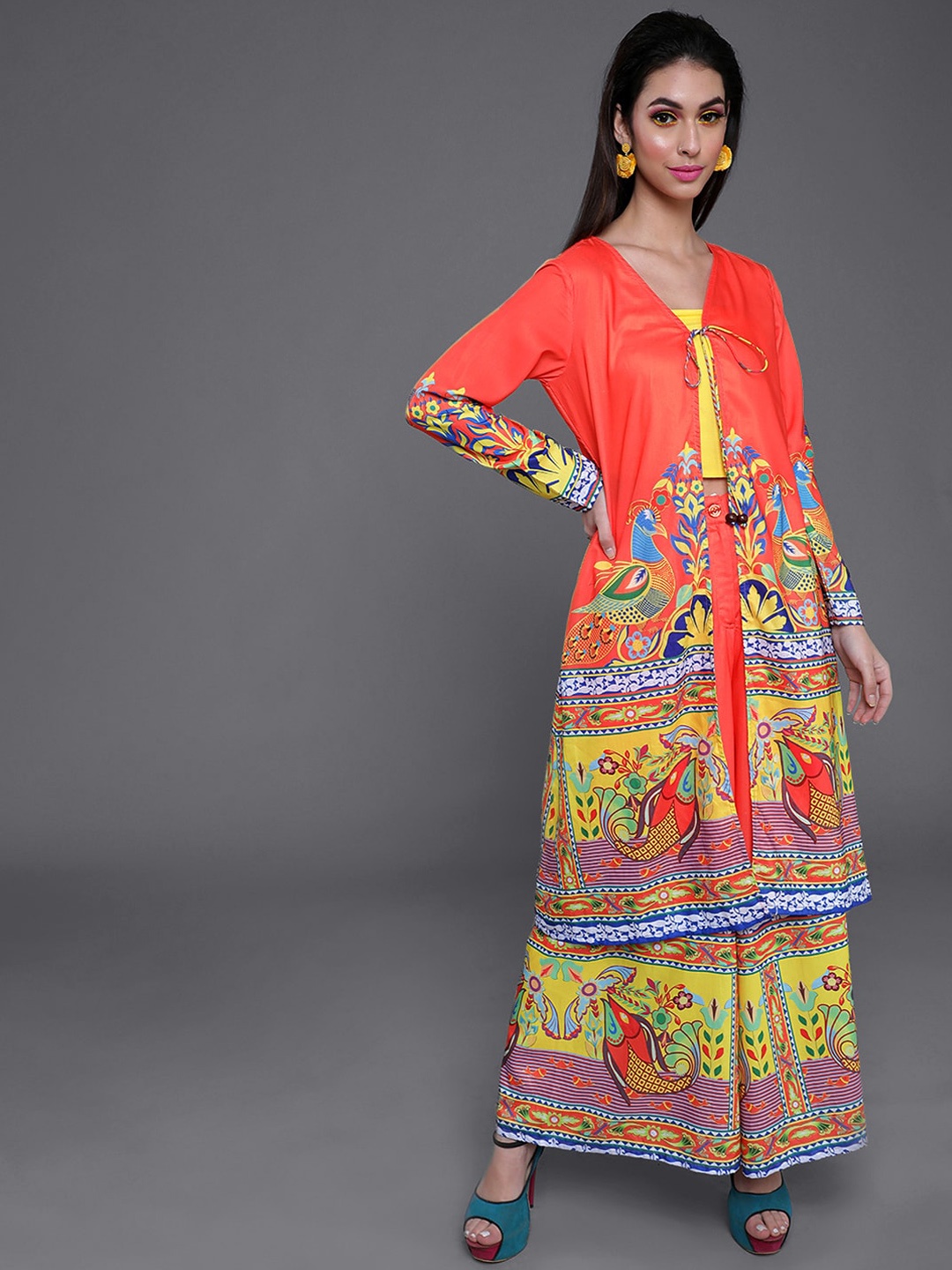 

AKS Ethnic Printed Top & Palazzo With Jacket, Orange