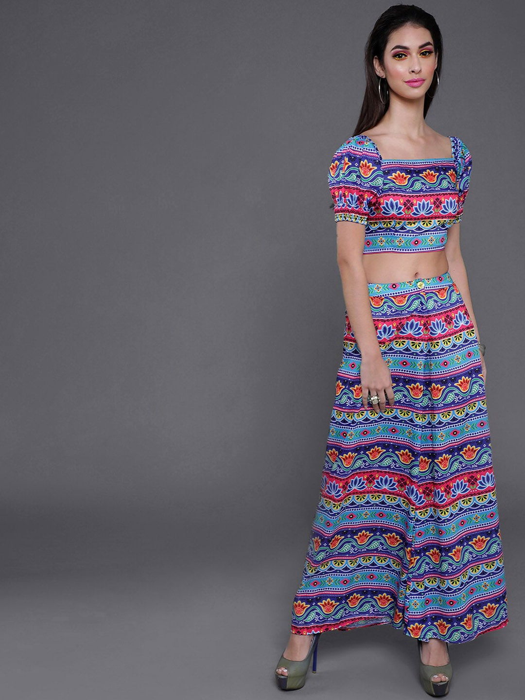 

AKS Floral Printed Crop Top With Flared Palazzo, Blue