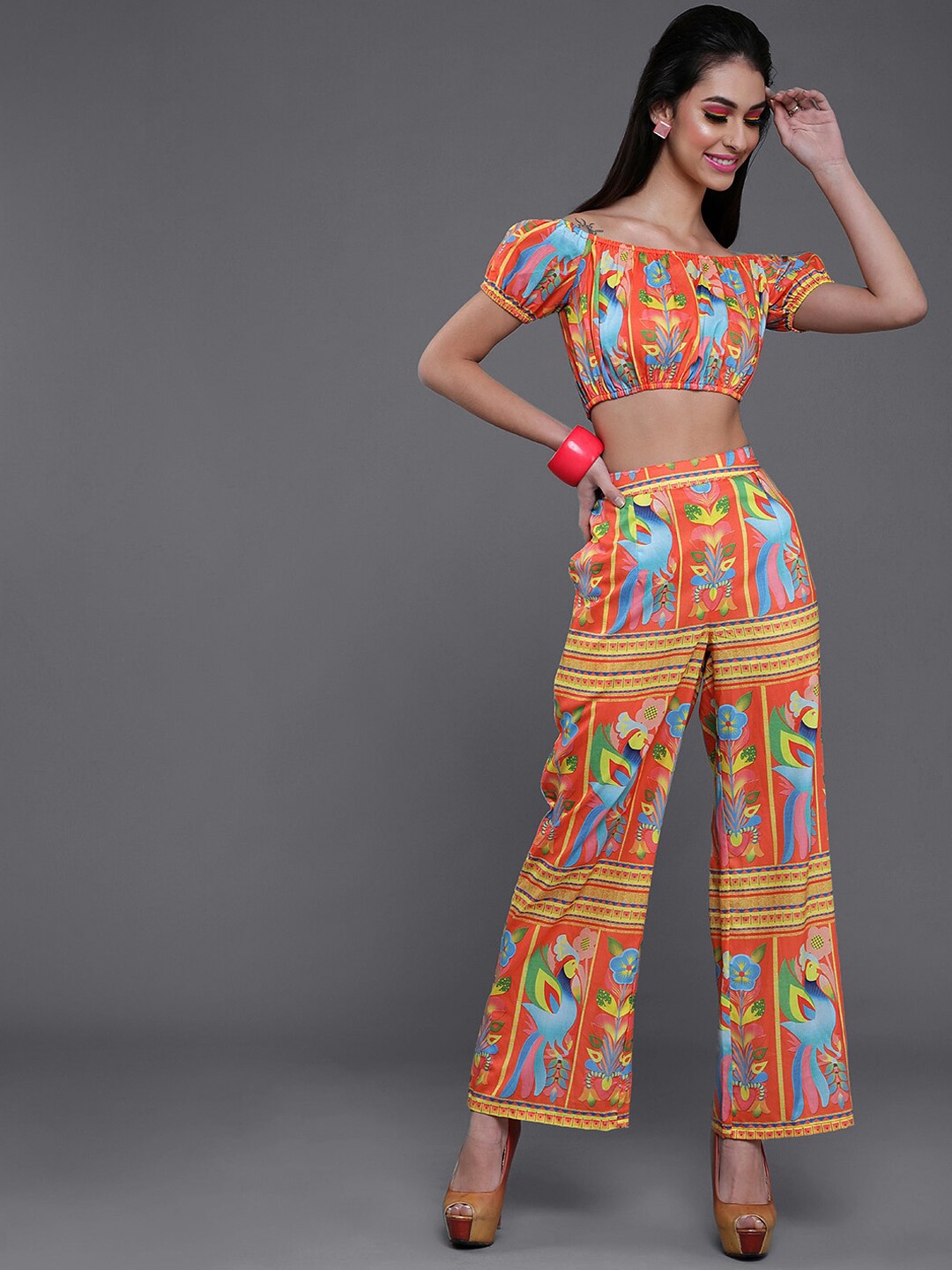 

AKS Floral Printed Crop Top With Palazzo, Orange