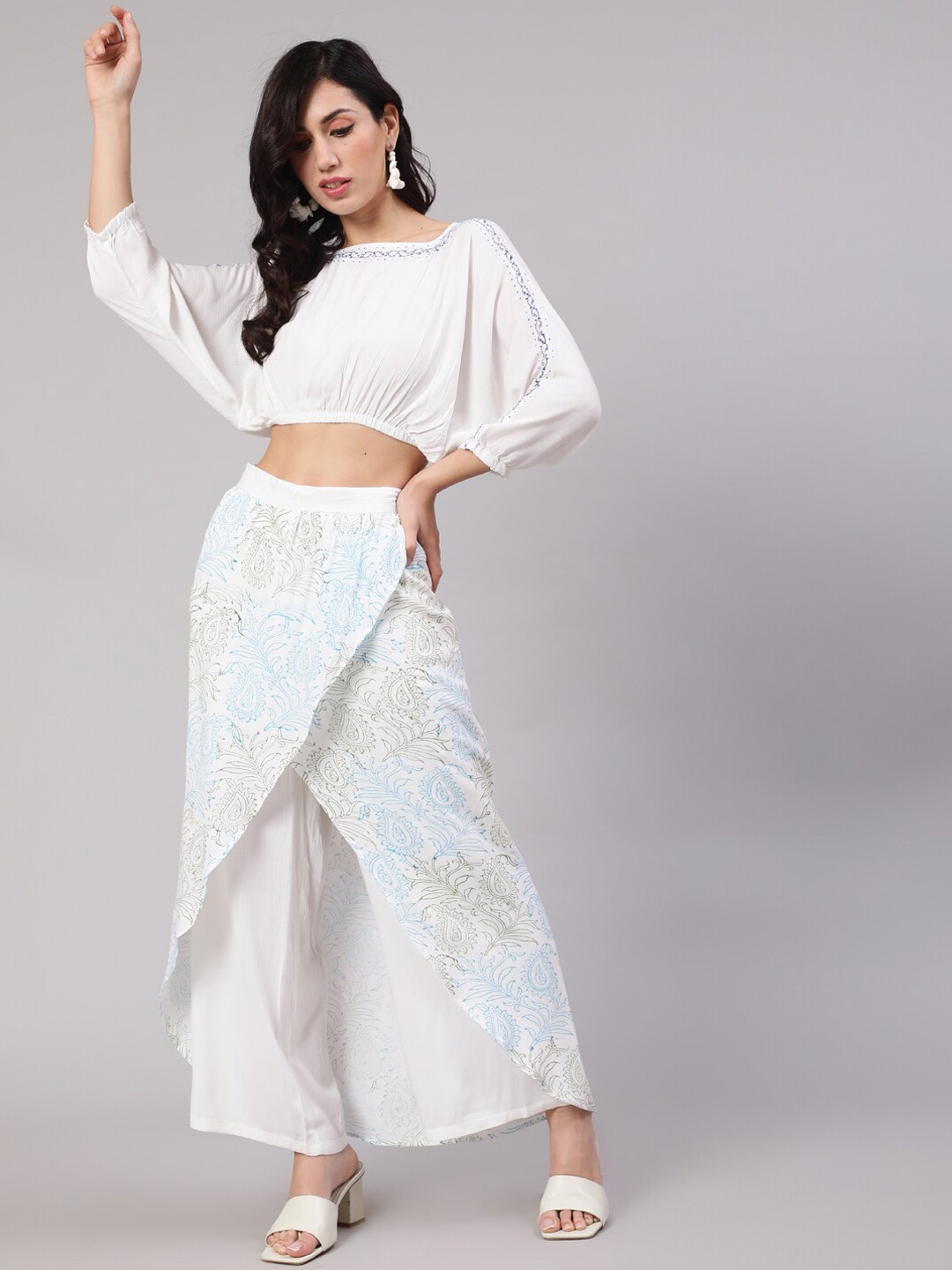 

AKS Ethnic Printed Crop Top & Overlap Skirt Co-Ords Set, White