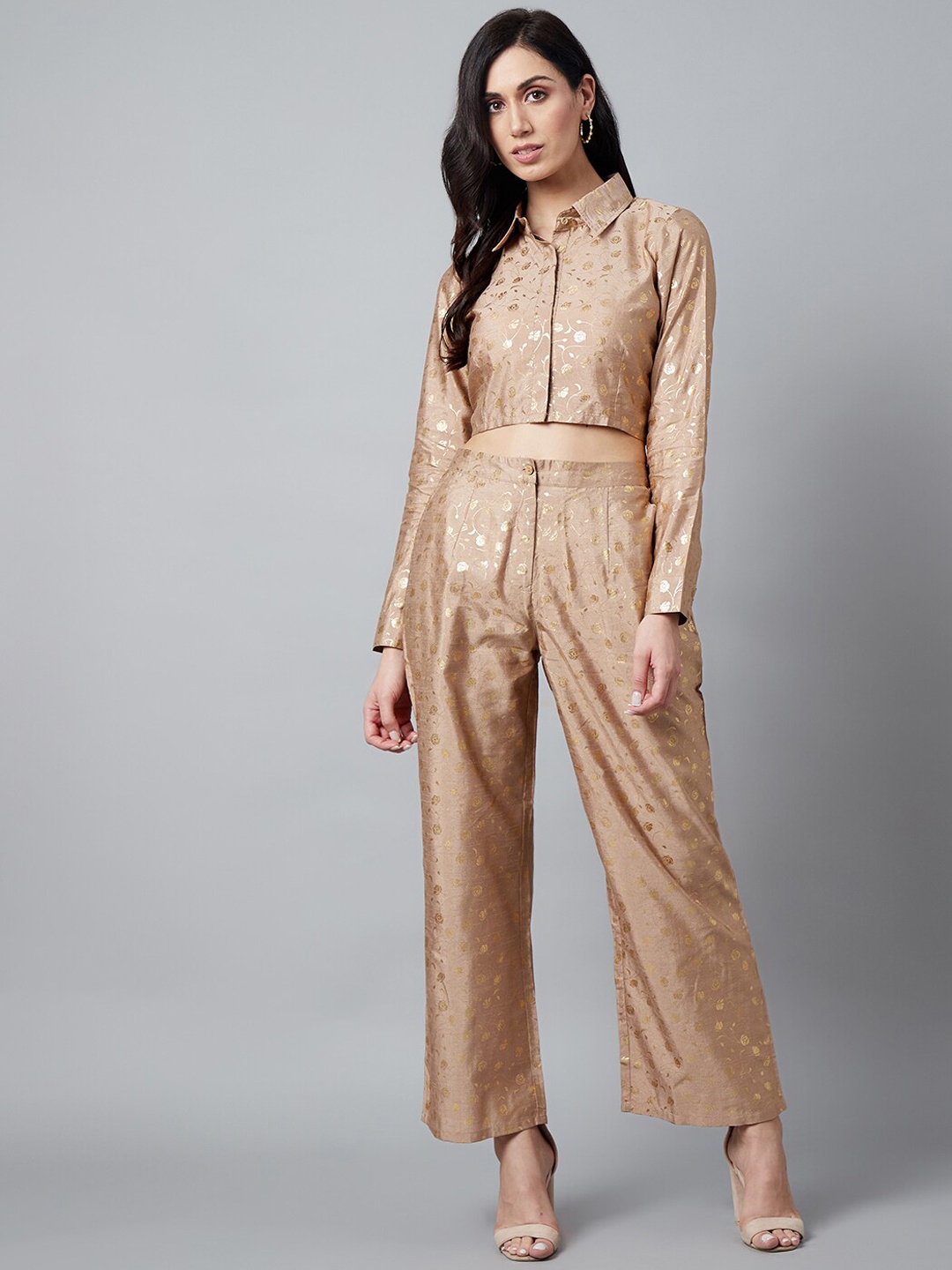 

AKS Floral Foil Printed Crop Shirt With Trousers, Beige