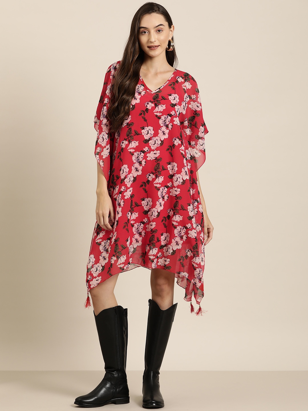 

Qurvii Floral Print Kimono Sleeves Georgette Kaftan Dress, Red