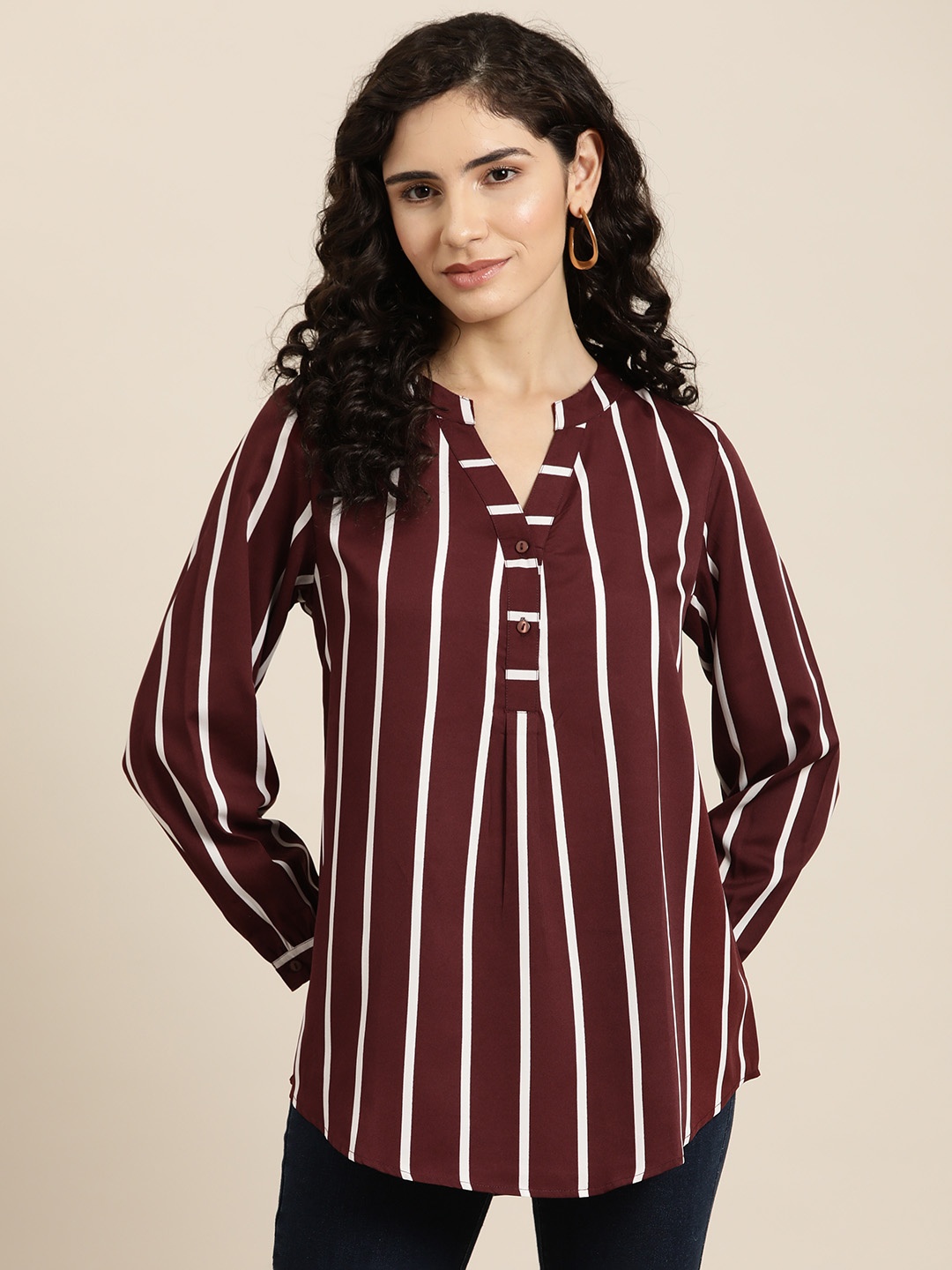 

Qurvii Women Comfort Opaque Striped Casual Shirt, Maroon