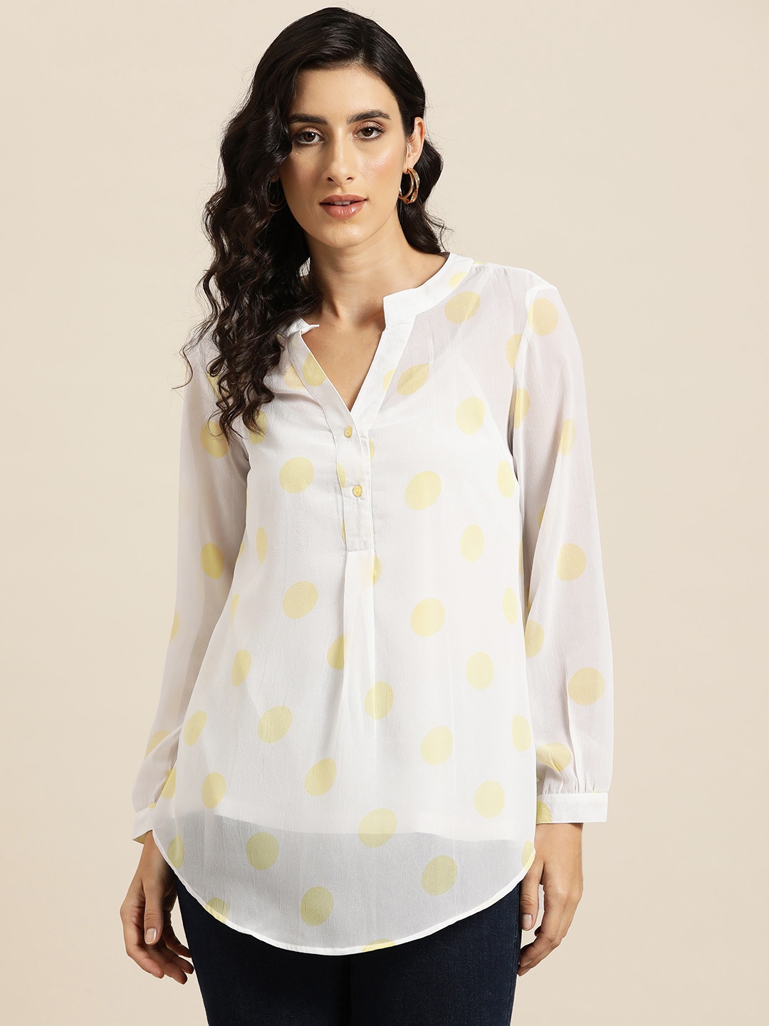 

Qurvii Comfort Polka Dots Printed Sheer Casual Shirt, White