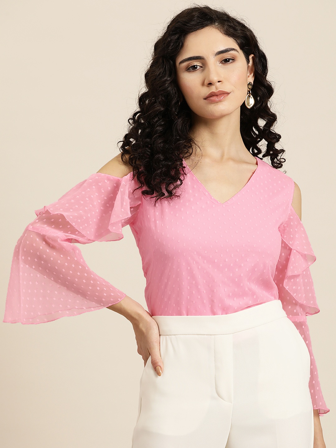 

Qurvii Flared Sleeve Georgette Top, Pink