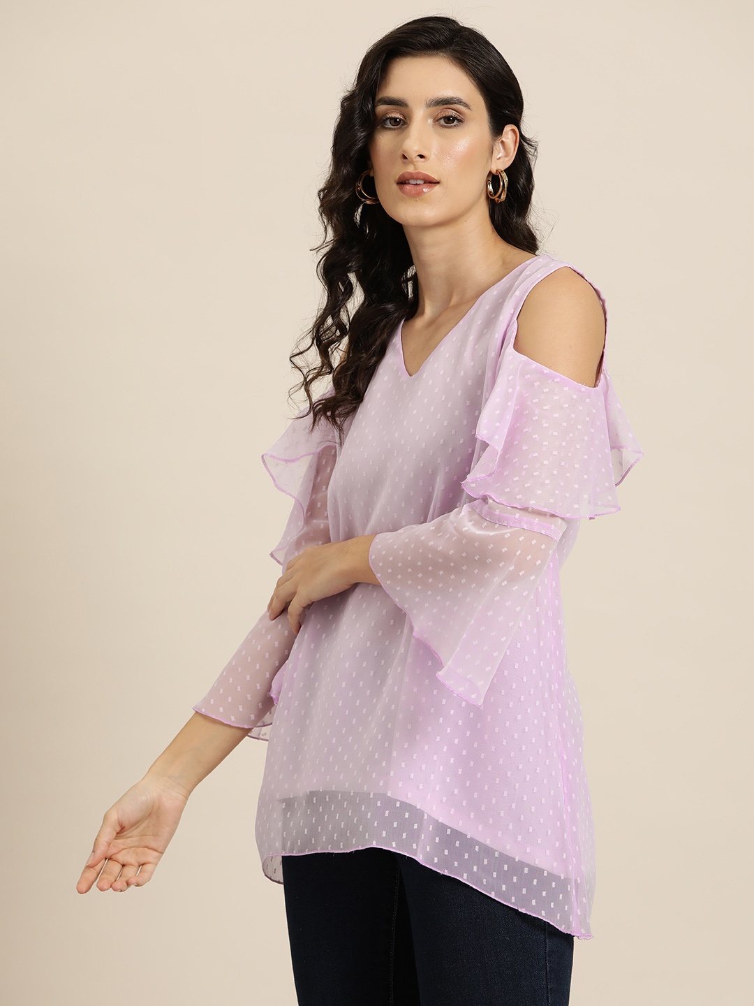 

Qurvii Lavender Cold-Shoulder Ruffles Georgette Top