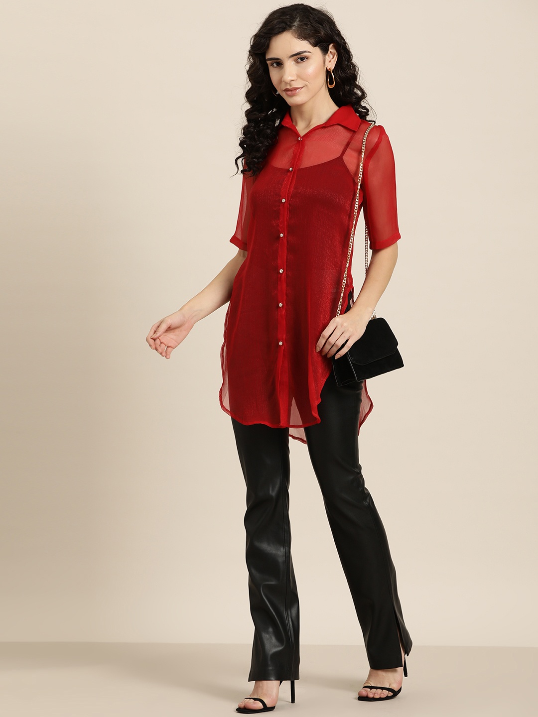 

Qurvii Women Solid Comfort Sheer Party Shirt, Red