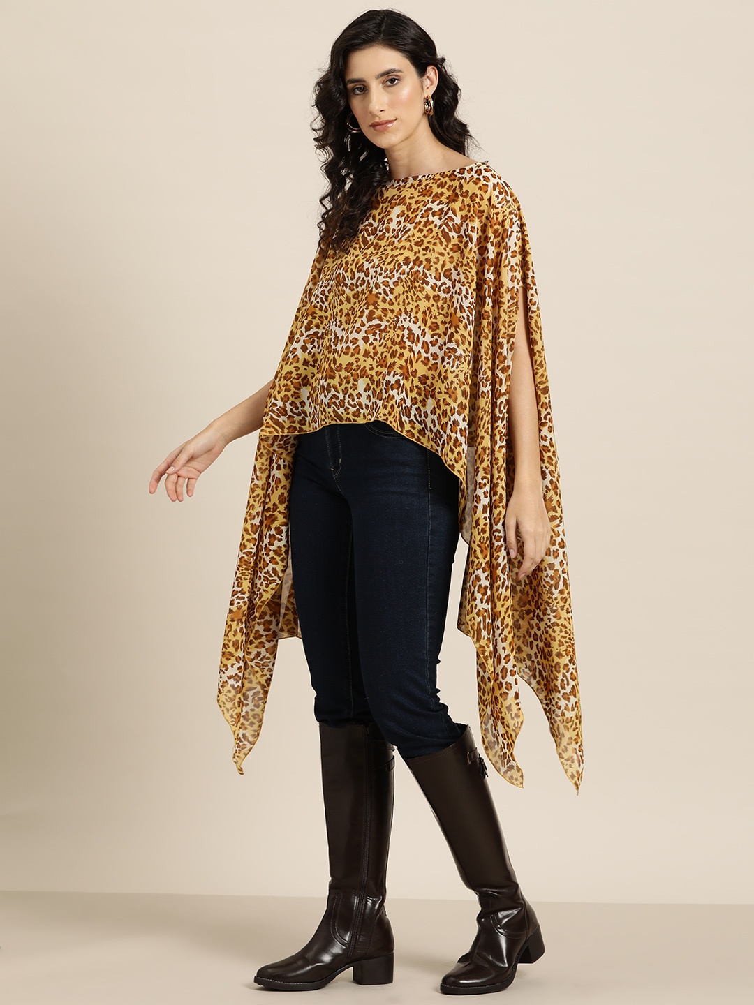 

Qurvii Animal Print Flared Sleeve Georgette Cape Top, Mustard