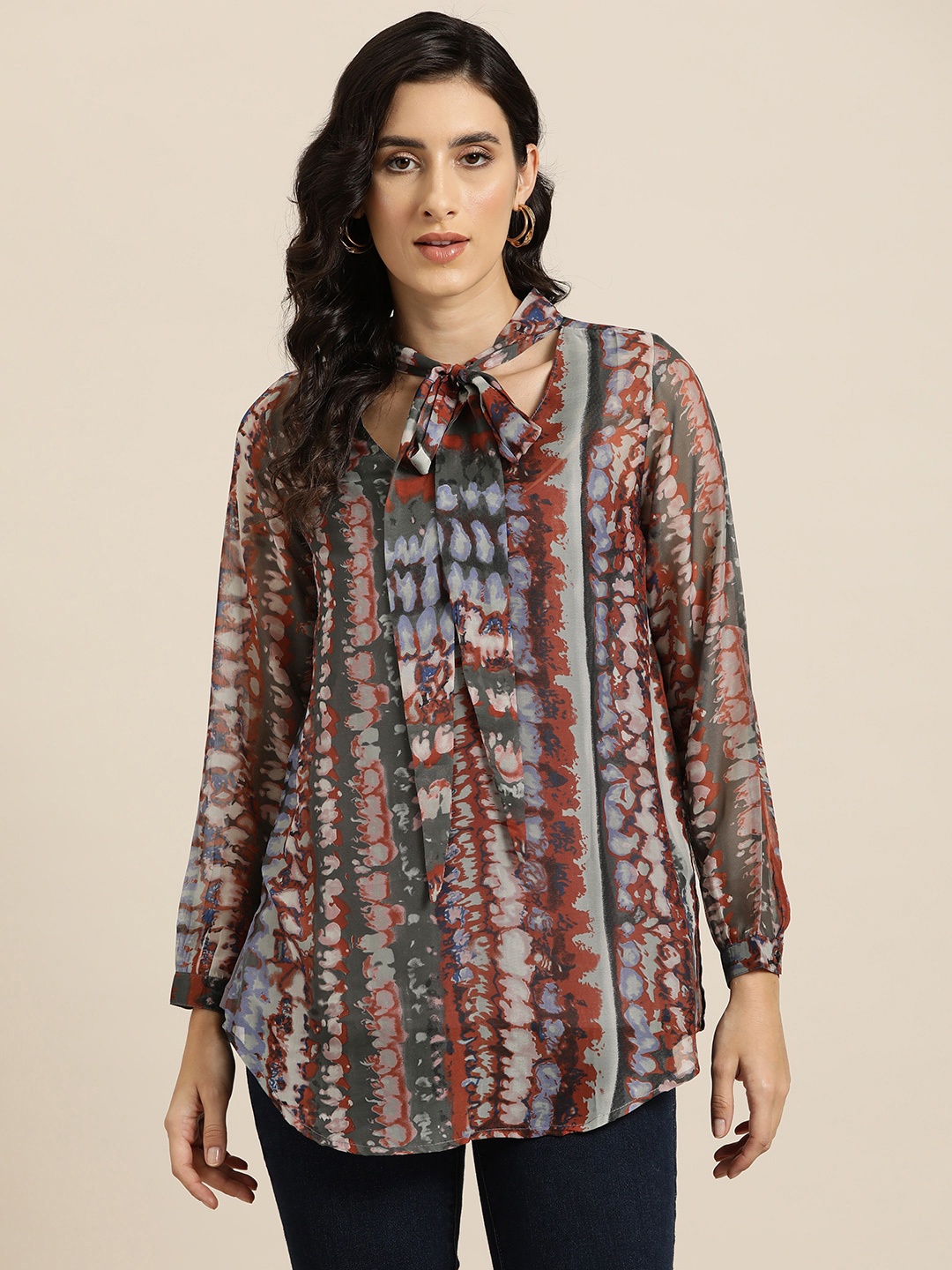 

Qurvii Abstract Print Tie-Up Neck Georgette Shirt Style Longline Top, Rust