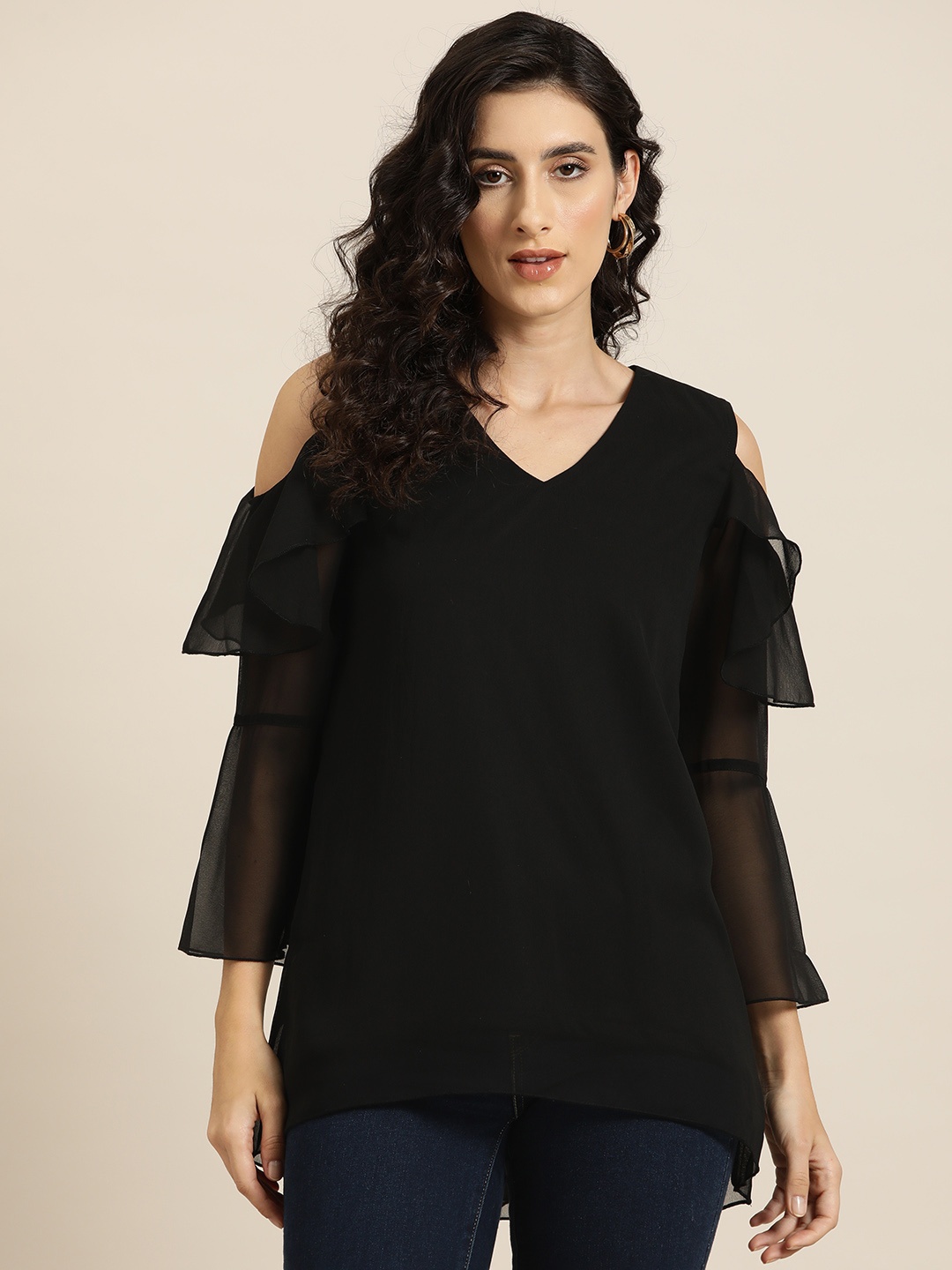 

Qurvii Cold-Shoulder Layered Georgette Top, Black