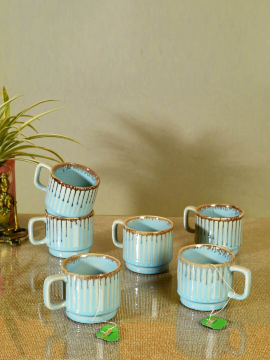 

AAKRITI ART CREATIONS Blue 6 Pieces Printed Ceramic Glossy Cups 150ml