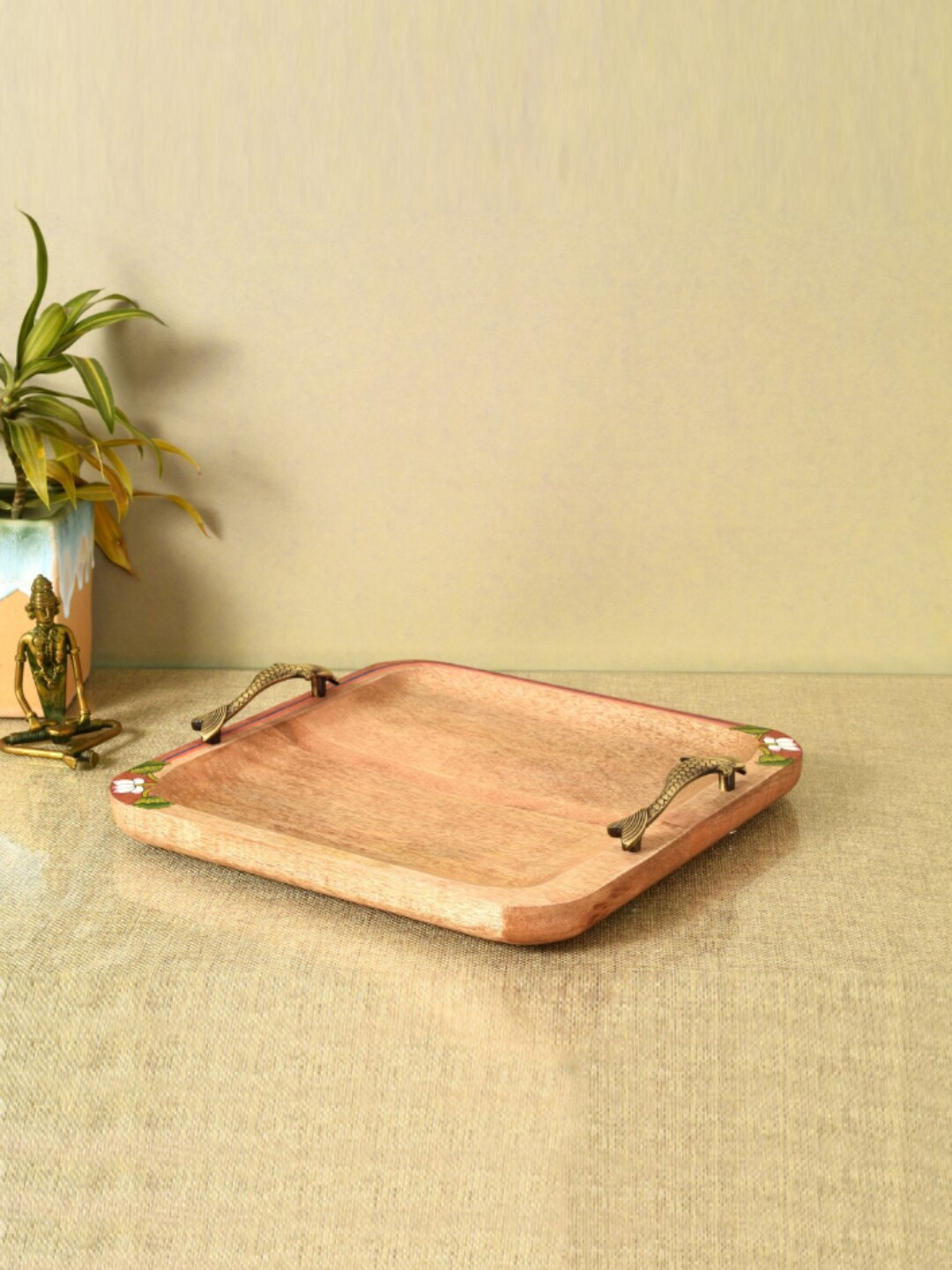 

AAKRITI ART CREATIONS Pichhwai Iteha Beige Wooden Quad Serving Tray