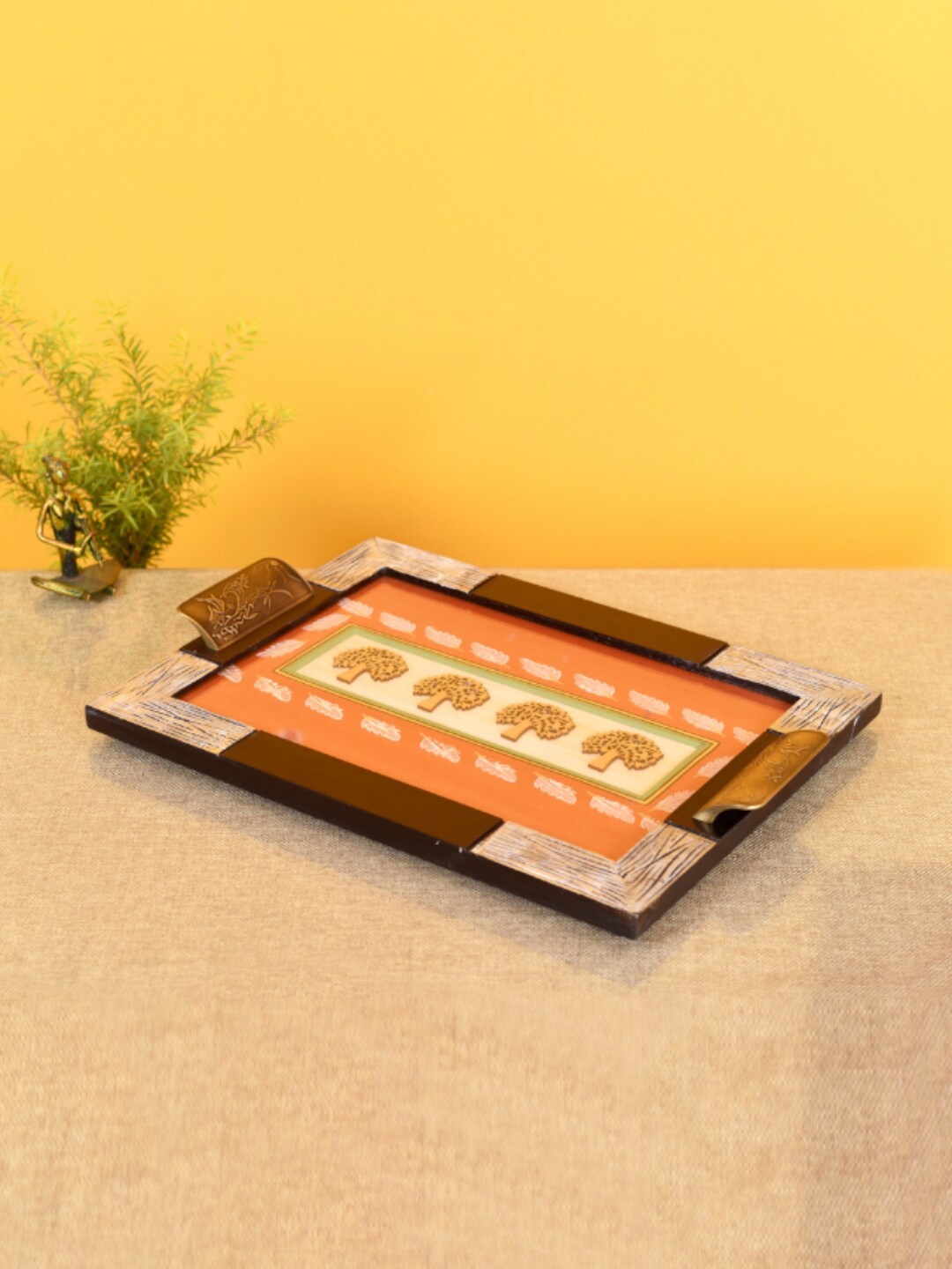

AAKRITI ART CREATIONS Tree Of Life Beige & Orange pRINTED Serving Tray