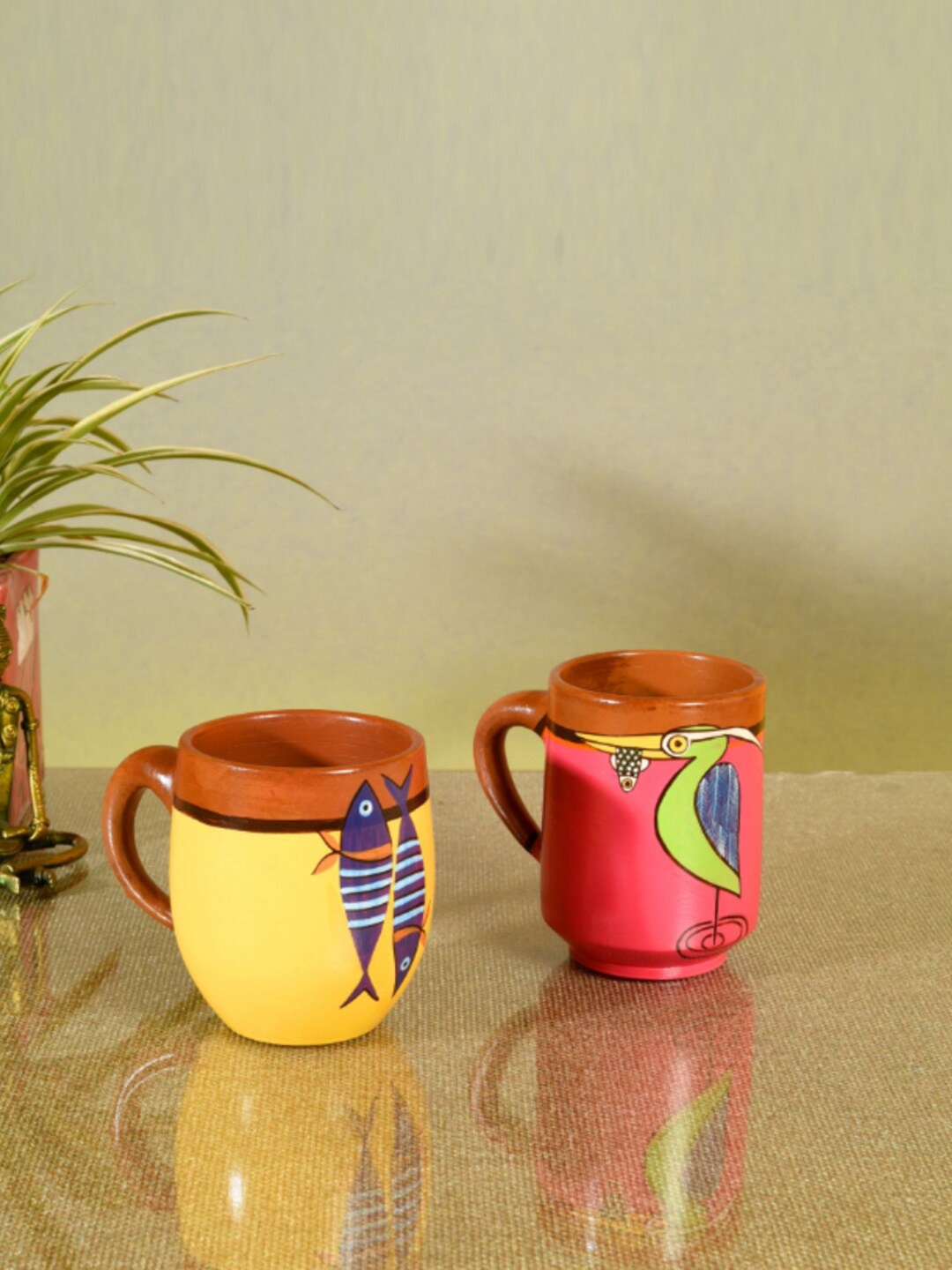 

AAKRITI ART CREATIONS Pink & Yellow 2 Pieces Printed Terracotta Matte Mugs 200ml