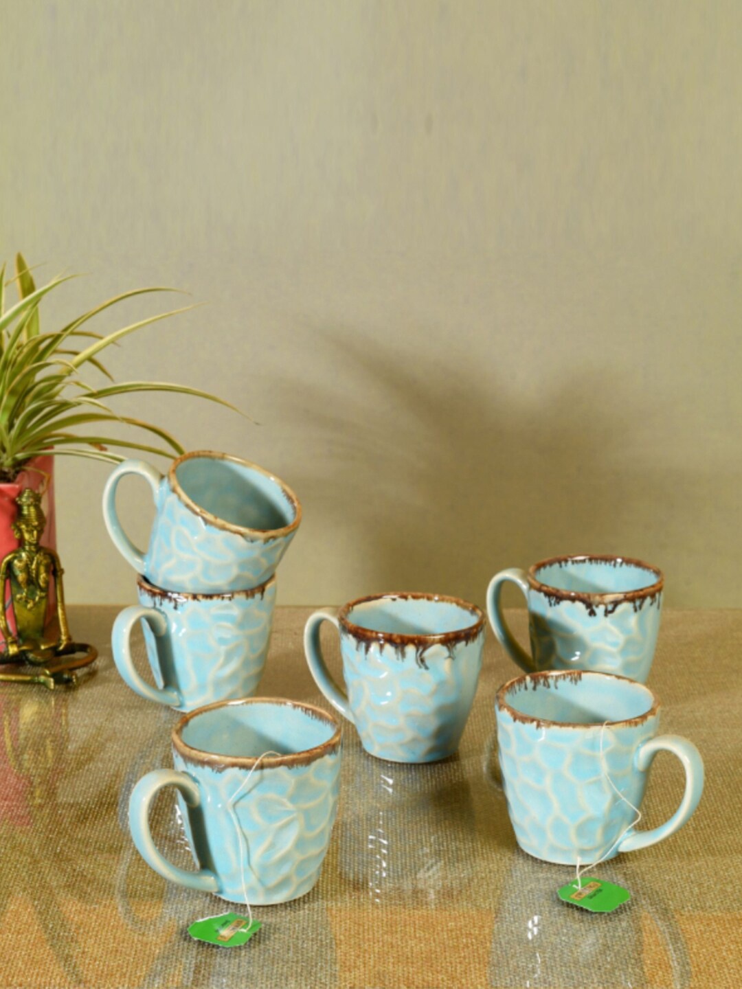 

AAKRITI ART CREATIONS Blue & Brown 6 Pieces Textured Ceramic Glossy Cups 150 ML Each