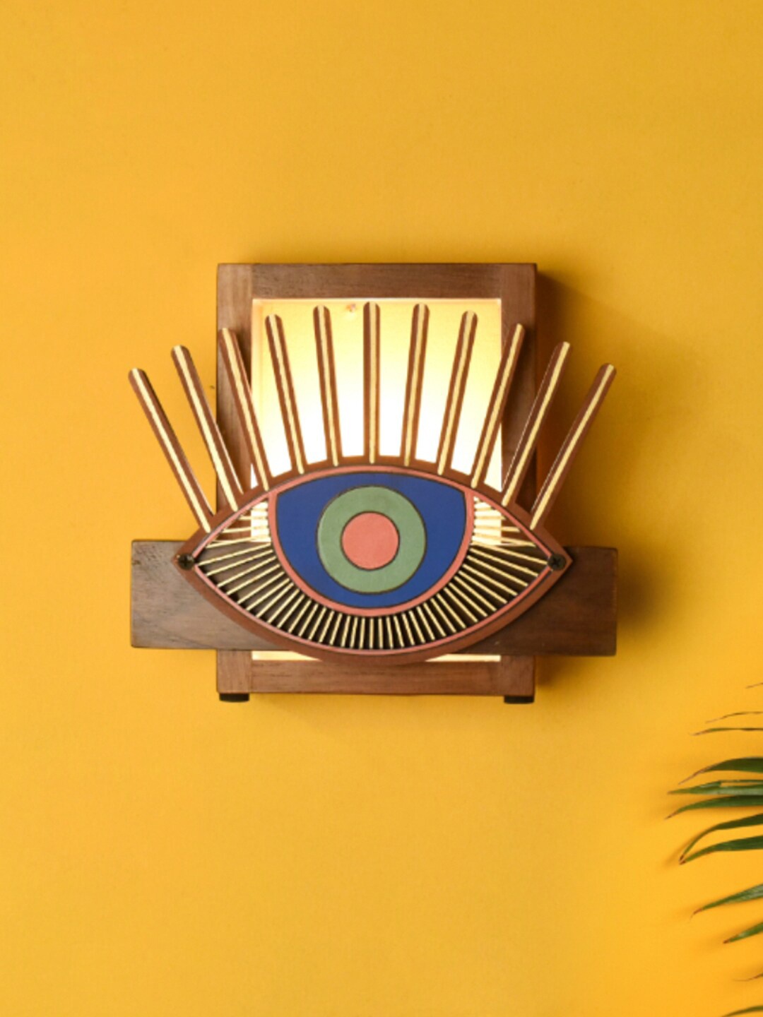 

AAKRITI ART CREATIONS Brown & Blue Evil Eye Printed Wooden Wall Lamps