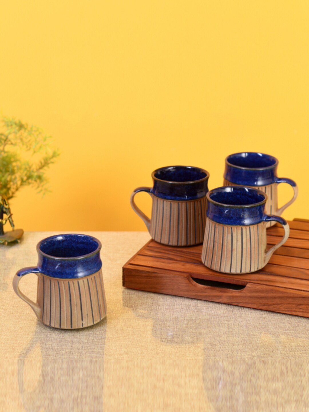 

AAKRITI ART CREATIONS Blue 4 Pieces Printed Ceramic Glossy Coffee Mugs 200 ML Each