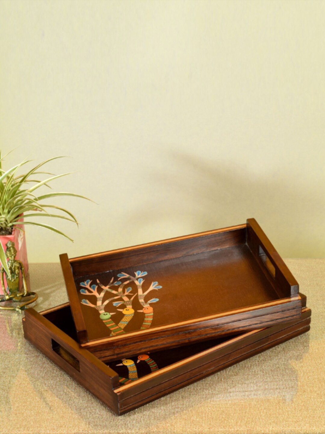 

AAKRITI ART CREATIONS Brown 2 Pieces Chriping Birds Printed Serving Tray