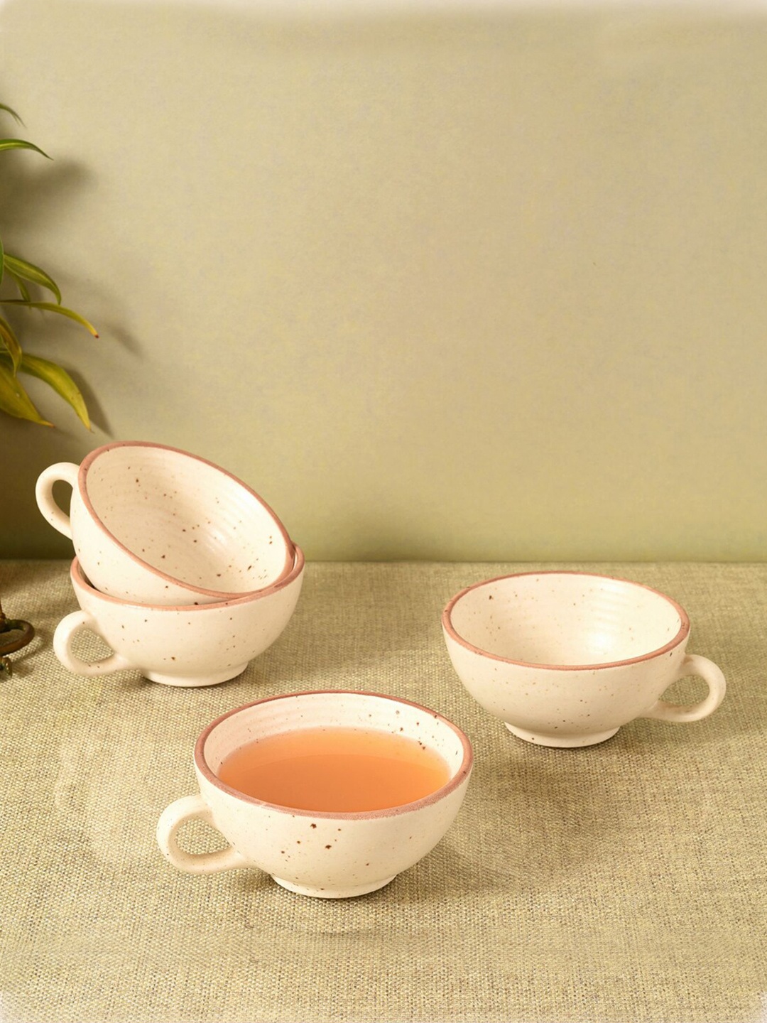 

AAKRITI ART CREATIONS White 4-Pieces Printed Ceramic Soup Bowls 200 ml Each, Beige