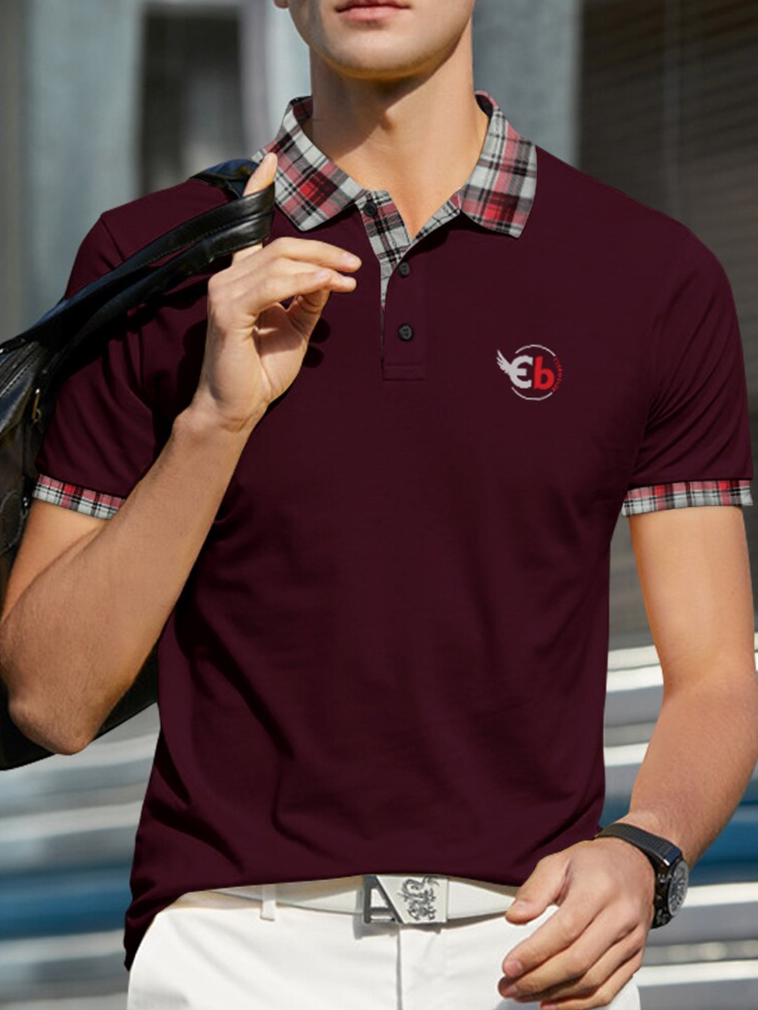 

Eyebogler Checked Polo Collar Cotton Regular T-shirt, Maroon
