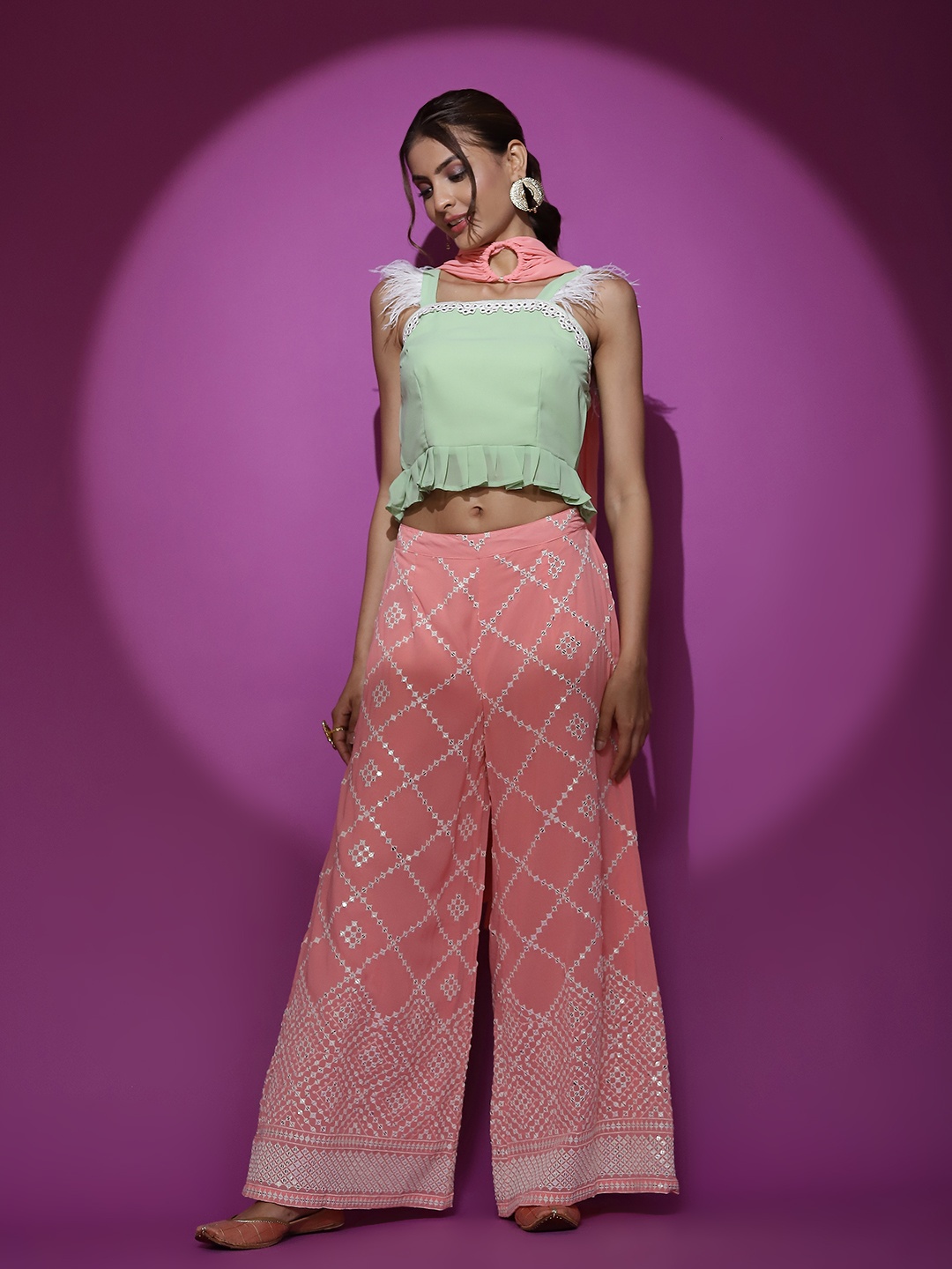 

AKS Couture Shoulder Strap Mirror Work Top & Palazzo With Dupatta Co-Ords Set, Peach